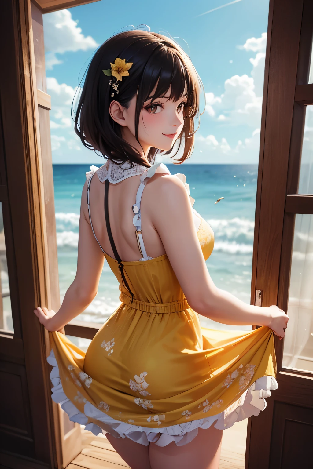 very cute and beautiful girl standing near window,(floral yellow summer dress with detailed frills),sleeveless,detailed lace,skirt lift,white panties, (highly detailed beautiful face),antique hotel bedroom with outside view,distant trees and ocean, cowboy shot,(smile),blush,looking at viewer,medium hair,black hair, (best quality,masterpiece:1.2),absurdres,highres,ultra-detailed,extremely detailed,32k,8k resolution, intricate details,cinematic scene,detailed background,solo,dynamic angle, natural lighting,light particles,beautiful detailed sky,