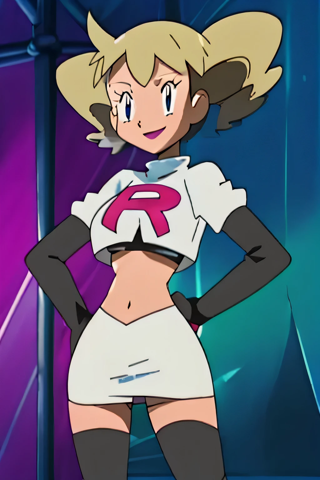 8k, anime screencap,1girl in, (solo:1.1), (perfect body:1.1), (best quality:1.1), very large breast, team rocket uniform, red letter r, white skirt,white crop top,black thigh-high boots, black elbow gloves, evil smile, looking down at viewer, hands on hips,zettai ryouiki,cowboy shot, Molly Hale
