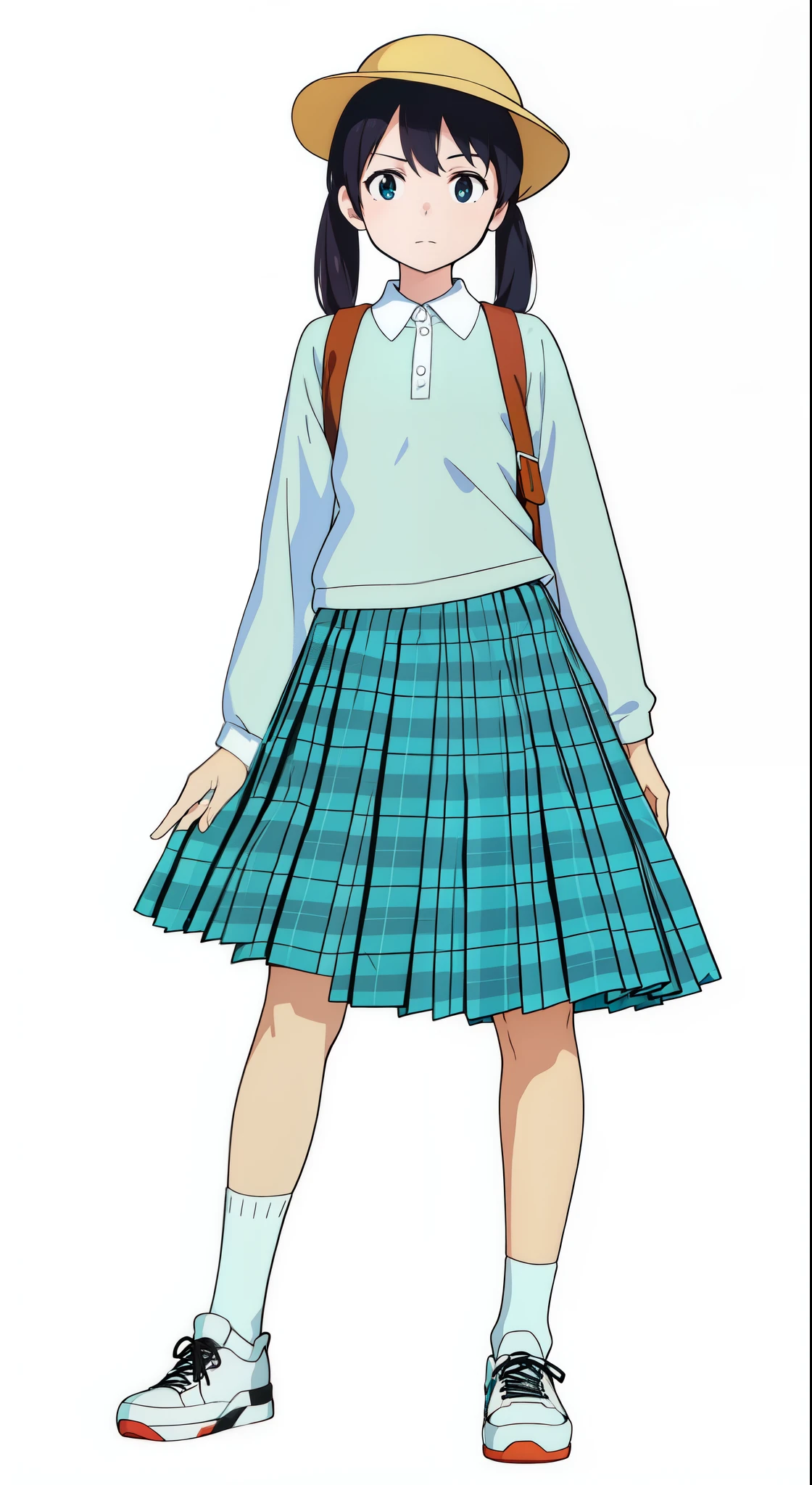 (white background:1.0), (best quality:1.0), (masterpiece:1.0), (super fine illustration:1.0), (beautiful artwork:1.0), (anime screencap:1.0), (official art:1.0), (full body:1.0), (solo:1.0), (ESGA:1.0), (a cute girl:1.0), (yellow hat:1.0), (red backpack:1.0), (long skirt:1.0), (green tartan skirt:1.0), (pleated skirt:1.0), (aqua blue polo shirt:1.0), (long sleeve polo shirt:1.0), (sneakers:1.0), (white socks:1.0), (ideal ratio body proportions:1.25), (lanky:1.25), (tall:1.25), (slender:1.25), (small breasts:1.25), (smaller face:1.25), (tareme:1.0), (detailed beautiful eyes:1.0), (detailed beautiful face:1.0), (glowing black eyes:1.0), (short hair:1.0), (low twintails:1.0), (black hair:1.0), (standing:1.0), (looking at viewer:1.0)