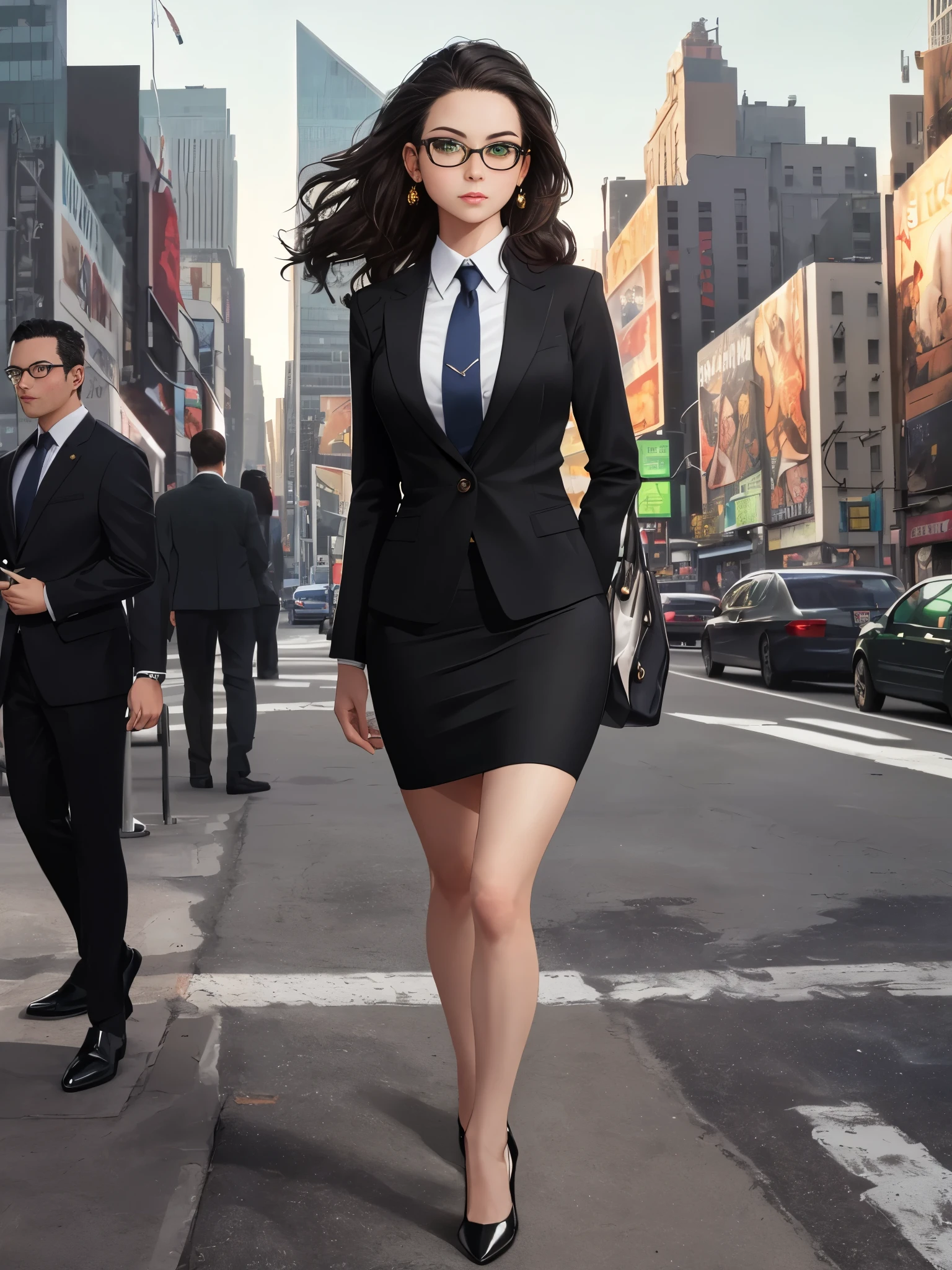 ((best quality)), ((masterpiece)), ((ultra realistic)), american, beautiful detailed face, detailed eyes, sexy reporter, dressed in a suit and tie, new york city backdrop, highly detailed, professional, bare legs, (full body), standing, black hair, medium hair, green eyes, matching shoes, cowboy shot, pencil skirt, glasses