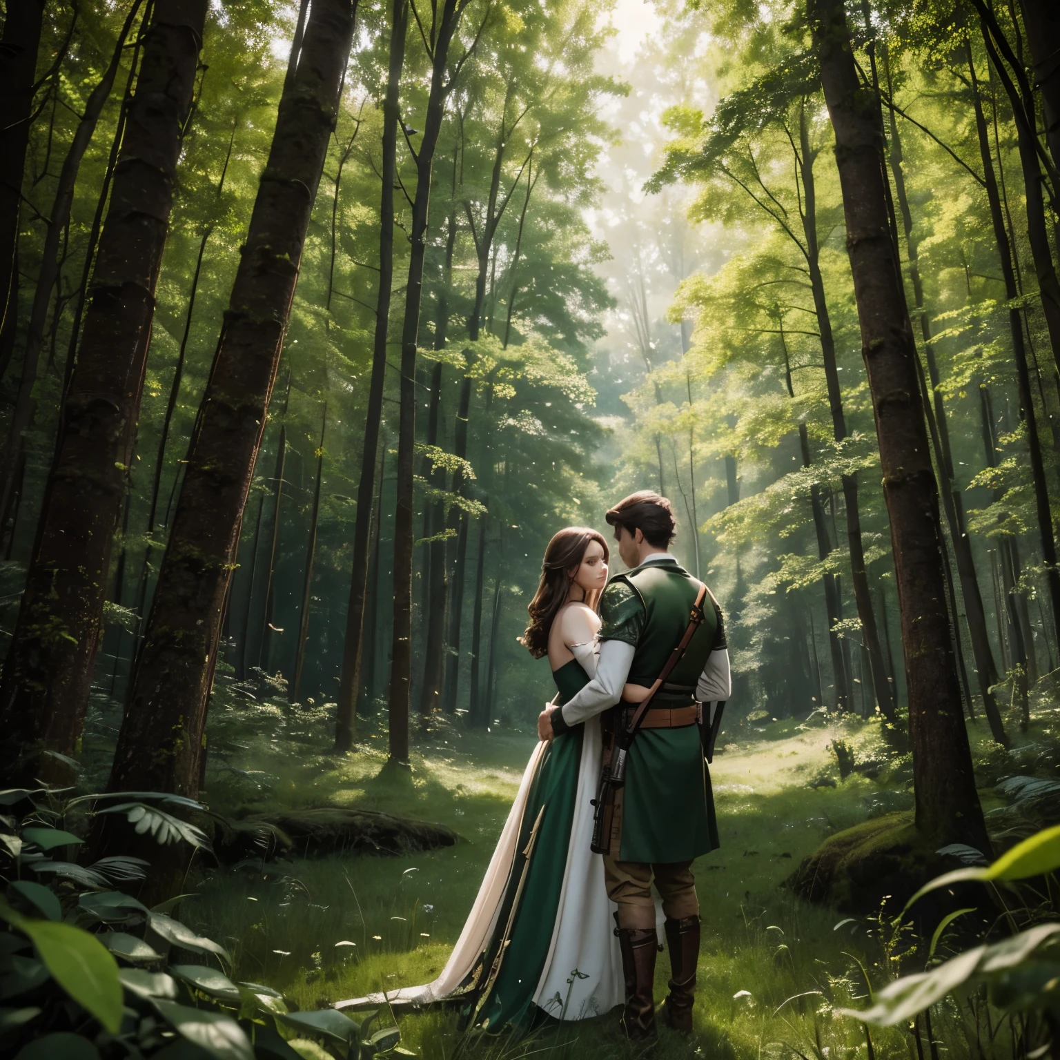 Picture from behind of male hunter with rifle and short hair hugging beautiful princess and watching dear in front of them, princess has long brown hair and beautiful fairy dress, they are in green woods with lot of grass, leafs and animals, animals are in the woods, fantasy, perfect proportions