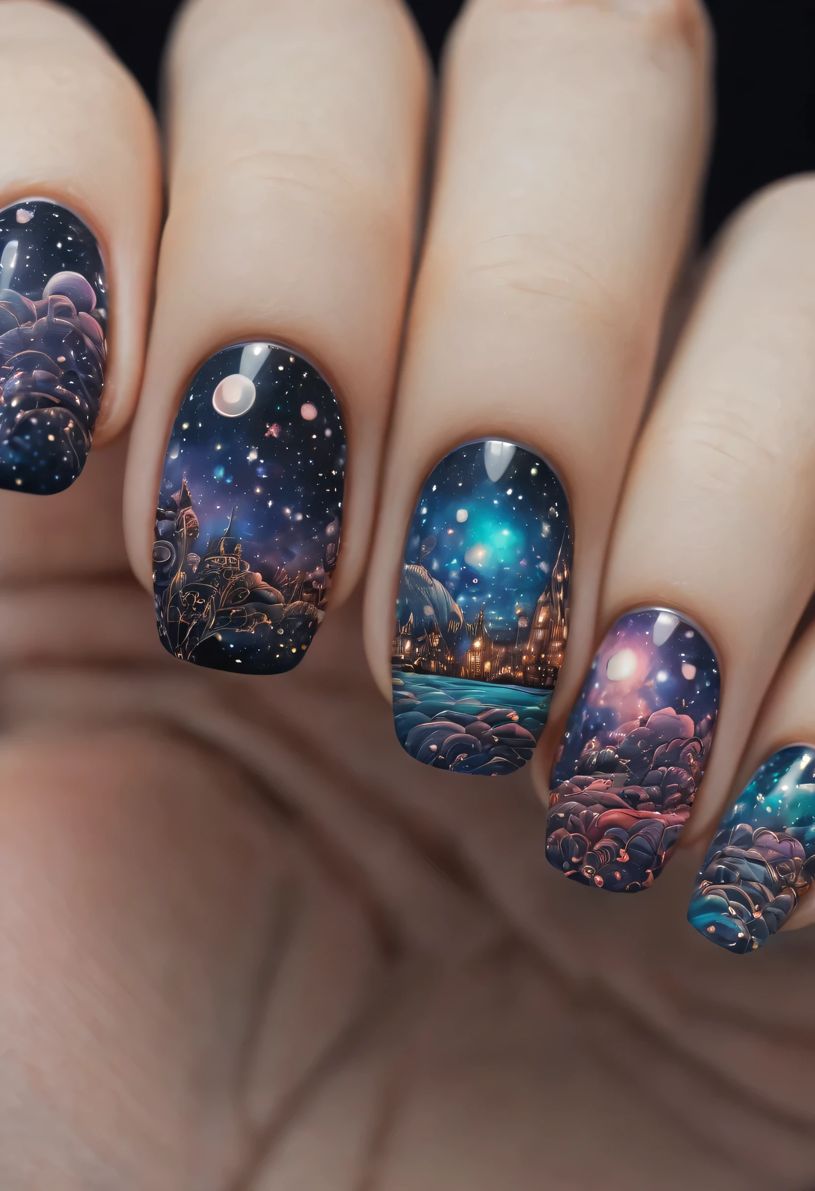 (best quality, highres, ultra sharp), magical ,cute styled nails, tattoo, in a magical starry sky, zentangle, full colored, 3d crunch,