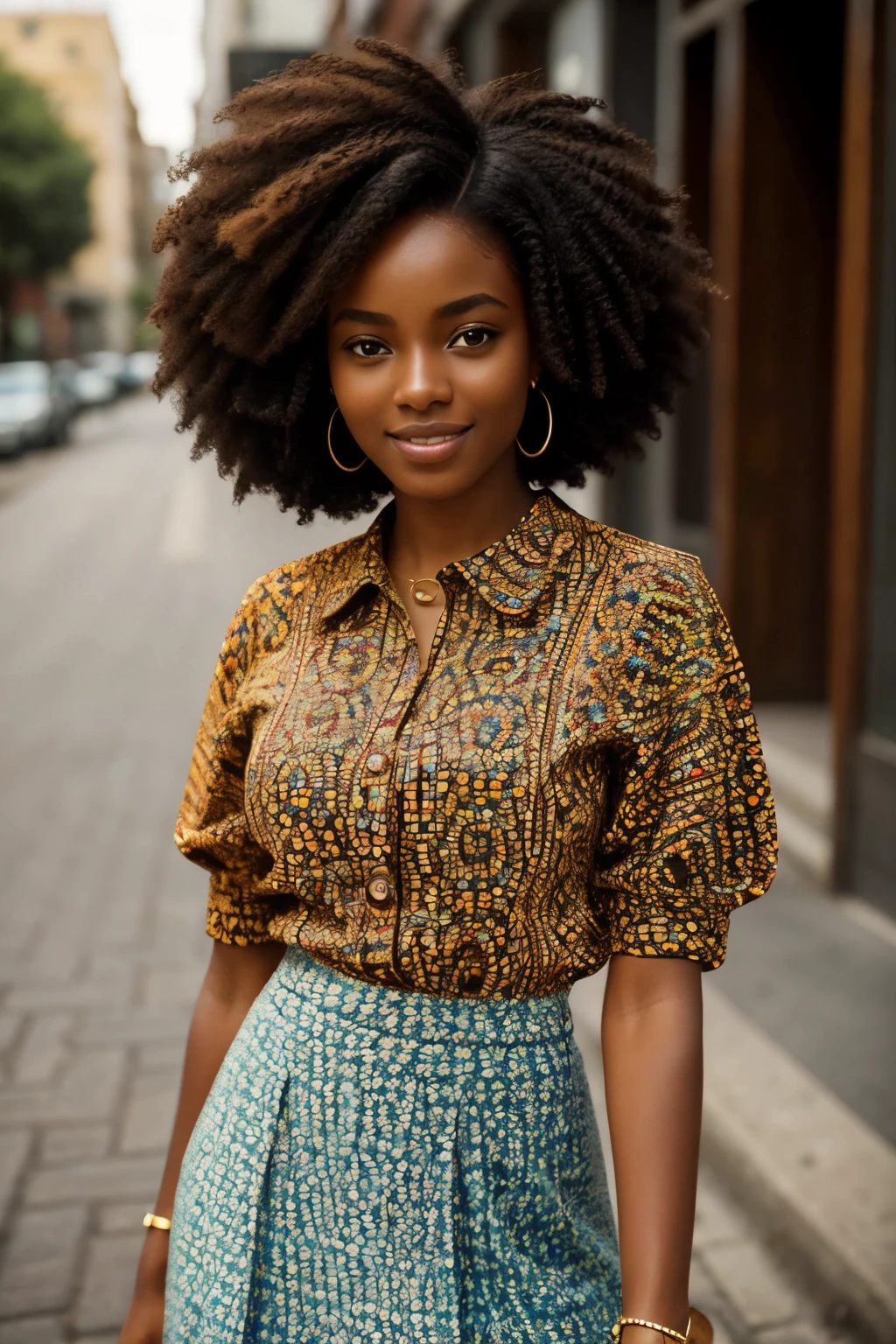 Beautiful African woman, with radiant skin, gracefully poses on the street in this high quality image. Her hair, cut in an elegant Afro style, cascades down in soft curls. She wears casual yet stylish clothes, the colors of which blend harmoniously with the surrounding urban scene. Delve deeper into the details of this photograph: the intricate beads adorning her wrists and ankles, the unique pattern on her blouse, and the vibrant texture of her skirt. Her eyes, full of life and intelligence, gaze at the viewer with a hint of a smile playing on her full lips. The high POV shot from above adds to the realism and intimacy of the