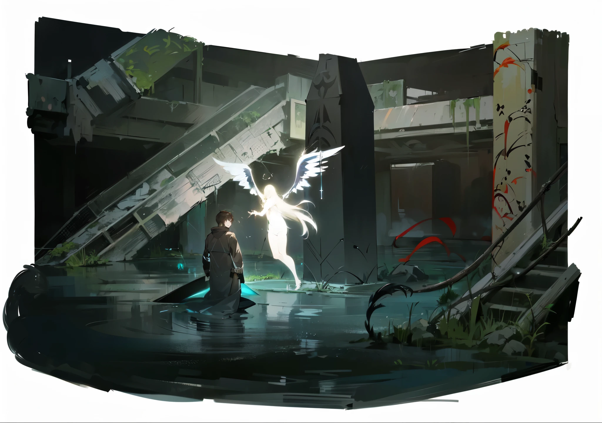 (((anime - style illustration of a brown haired boy standing in front of an angelic spirit))), black hoody tied on waist, (((dark ambient lit by a single source))), ( ( dark obelisk behind the angel ) ), (naked arms), (boy wearing black, fish eye lens, yellow belt, grey and black theme), from punishing gray raven, from fate grand order, fine details, cushart kenz, from arknights, trending on artstation pixiv
