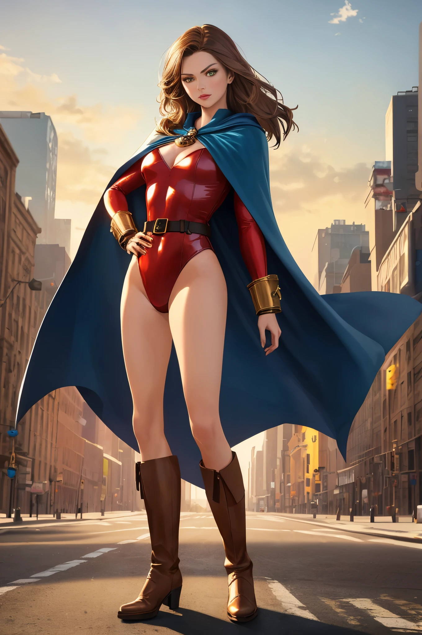 ((best quality)), ((masterpiece)), ((ultra realistic)), (dynamic heroic pose), american, beautiful detailed face, detailed eyes, sexy reporter, ((dressed in a red leotard with blue accents)), new york city backdrop, highly detailed, professional, bare legs, full body), hands on hip, standing, ((brown hair, medium hair)), green eyes, matching boots, yellow boots, ((long sleeves, yellow cuffs)), yellow hawk-shaped crest engraved on chest, ((blue cape)), cowboy shot, belt