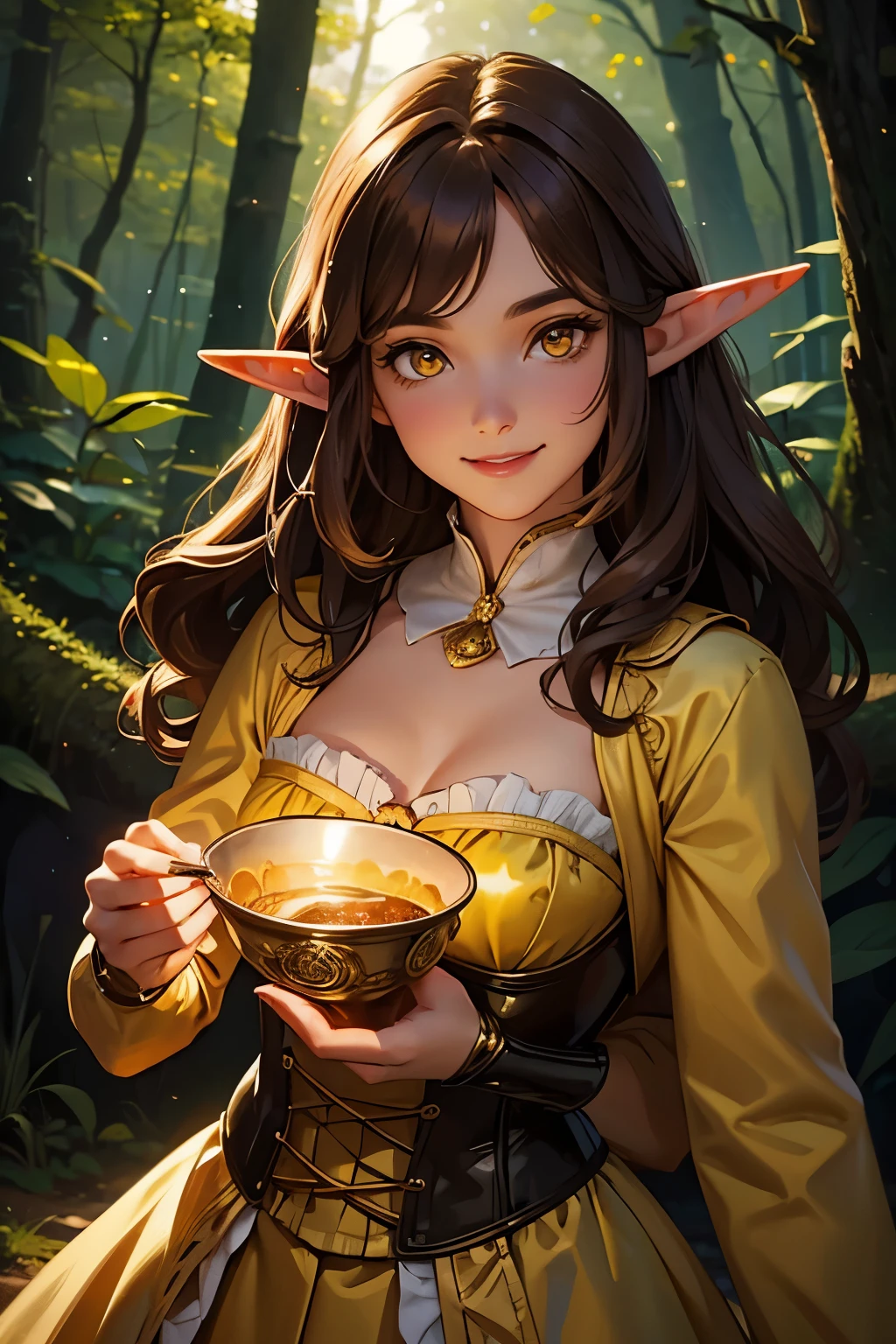 Night time, 1Girl, Elf, Long brown hair, frenckles, (cute, ), beautiful, smiling, wearing Golden, medieval dress, corset, yellow eyes, in a forest, looking at POV