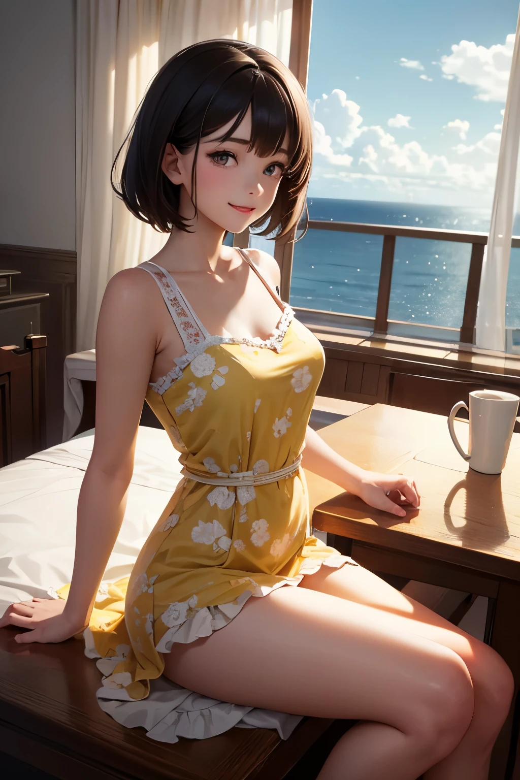 very cute and beautiful girl sitting near window,(floral yellow summer dress with detailed frills),sleeveless,detailed lace,spread legs,white panties, (highly detailed beautiful face),antique hotel bedroom with outside view,distant trees and ocean, (smile),blush,medium hair,black hair, (best quality,masterpiece:1.2),absurdres,highres,ultra-detailed,extremely detailed,32k,8k resolution, intricate details,cinematic scene,detailed background,solo,dynamic angle, natural lighting,light particles,beautiful detailed sky,
