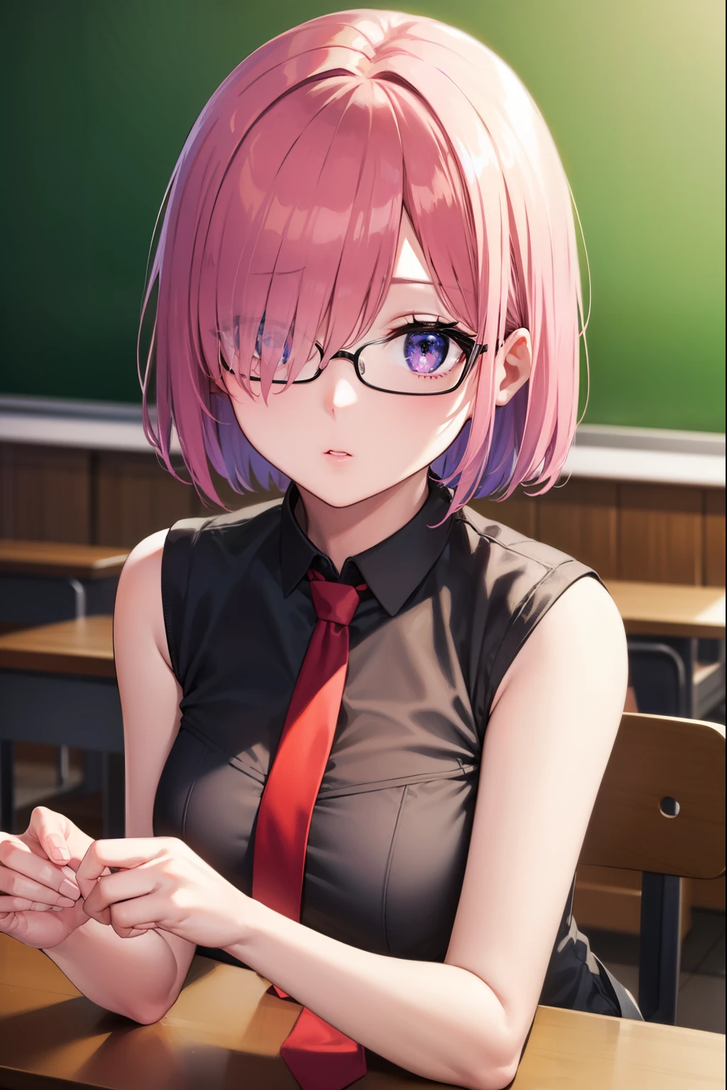 mashkyrielight, mash kyrielight, glasses, hair between eyes, hair over one eye, (purple eyes:1.1), pink hair, short hair,
BREAK hood, shirt, collared shirt, white collar, black shirt, necktie, red necktie, sleeveless, off shoulder,
BREAK looking at viewer,
BREAK indoors, classroom,
BREAK (masterpiece:1.2), best quality, high resolution, unity 8k wallpaper, (illustration:0.8), (beautiful detailed eyes:1.6), extremely detailed face, perfect lighting, extremely detailed CG, (perfect hands, perfect anatomy),