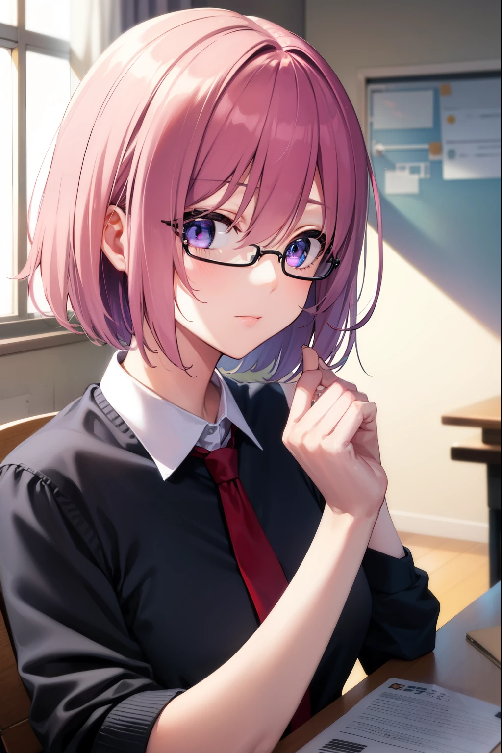 mashkyrielight, mash kyrielight, glasses, hair between eyes, hair over one eye, (purple eyes:1.1), pink hair, short hair,
BREAK hood, shirt, collared shirt, white collar, black shirt, necktie, red necktie, sleeveless, off shoulder,
BREAK looking at viewer,
BREAK indoors, classroom,
BREAK (masterpiece:1.2), best quality, high resolution, unity 8k wallpaper, (illustration:0.8), (beautiful detailed eyes:1.6), extremely detailed face, perfect lighting, extremely detailed CG, (perfect hands, perfect anatomy),