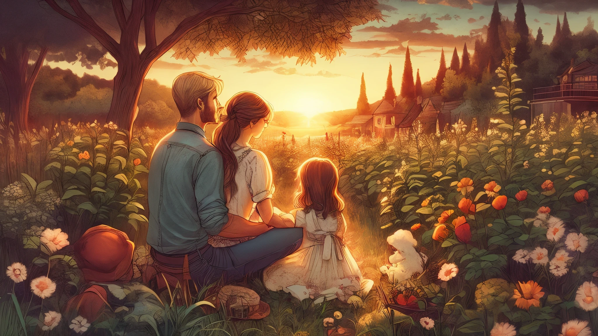 painting of a family sitting in a field of flowers watching the sunset, cena linda e quente, uma beautiful illustration de arte, beautiful digital illustration, beautiful illustration, spring scenery, beautiful representation, Tarde de primavera, sunset light