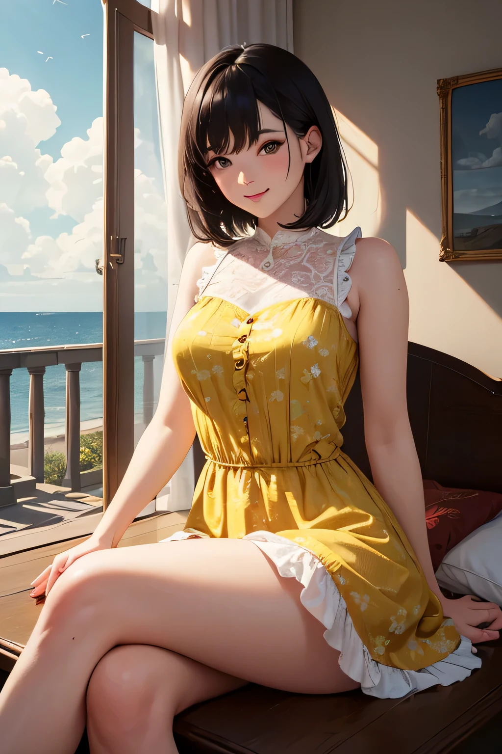 very cute and beautiful girl sitting near the window,(Floral yellow summer dress with detailed ruffles),No sleeve,Fine lace,spread your legs,white panties, (very detailed美しい顔),Antique hotel bedroom with outside view,distant tree々and the sea, (smile),blush,medium hair,black hair, (highest quality,masterpiece:1.2),disorganized,High resolution,super detailed,very detailed,32K,8K resolution, intricate details,movie-like scene,detailed background,alone,dynamic angle, Natural light,particles of light,beautiful and detailed sky,