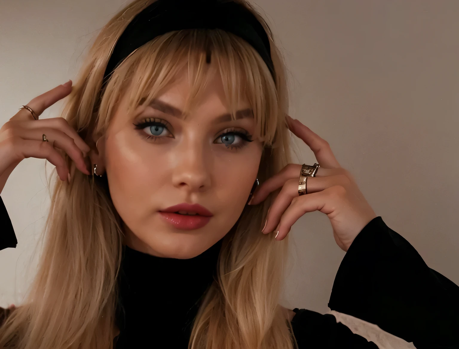 BLONDE WOMAN, GREEN EYES, JEWELRY, MAKEUP, HEAD BAND, LIPSTICK