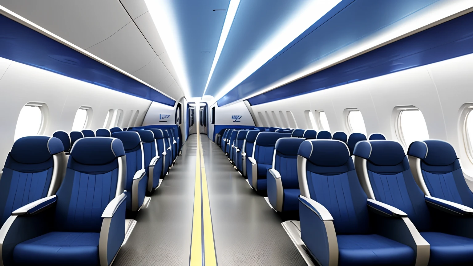 super high speed train and passengers，high speed train rendering design，airplane cabin details，Interior parts that glow blue，A luxurious interior，Works by Wayne England，Robert Medley&#39;s works，Interior background thumbnail by Derek Zabroki，interior design：robert jacobson。The color of the seat is blue