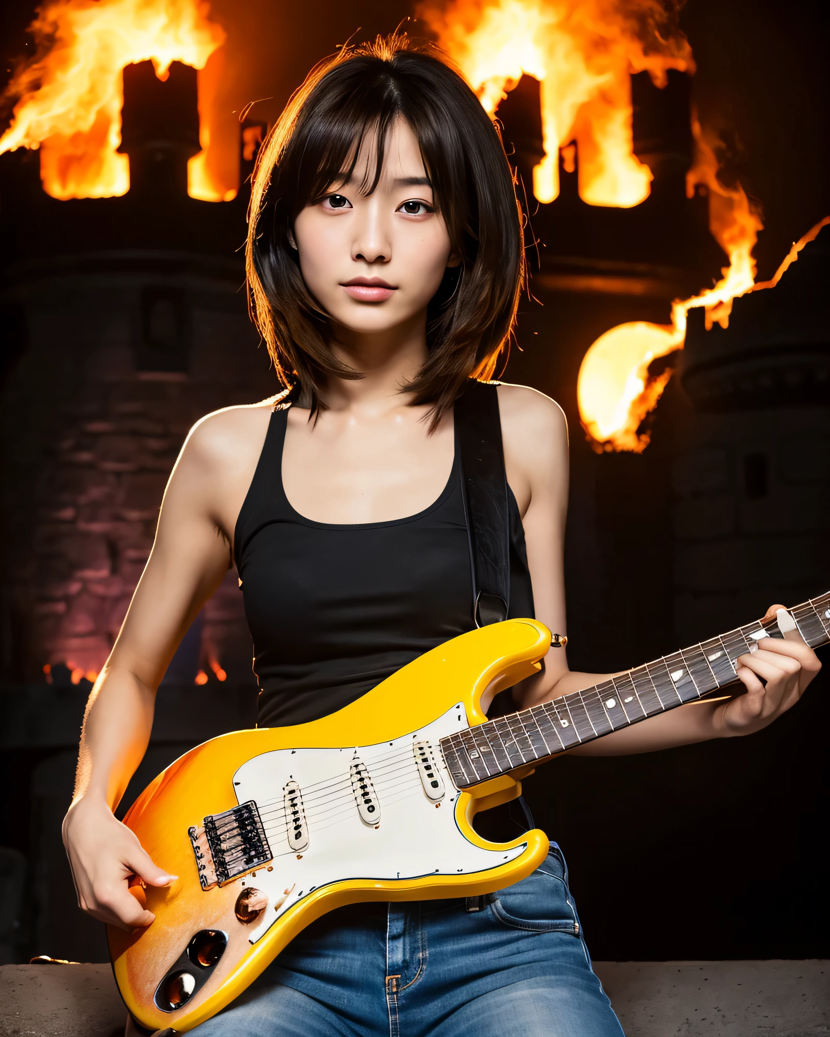 beautiful japanese girl, , High resolution, 4K, (burning castle:1.5), black smoke rises, Asahi, big magic eyes, sharp gaze, High resolutionの潤んだ瞳, Beautiful black hair waving in the wind,High resolutionのロングヘアー, asymmetrical bangs, thin eyebrows, smooth soft skin, natural makeup, serious expression, whole body, standard body shape, small black tank top, slim jeans,Detailed and perfect clavicle, High resolutionの美しい胸元,(play the perfect electric guitar:1.5)，rock, professional lighting, professional photographer