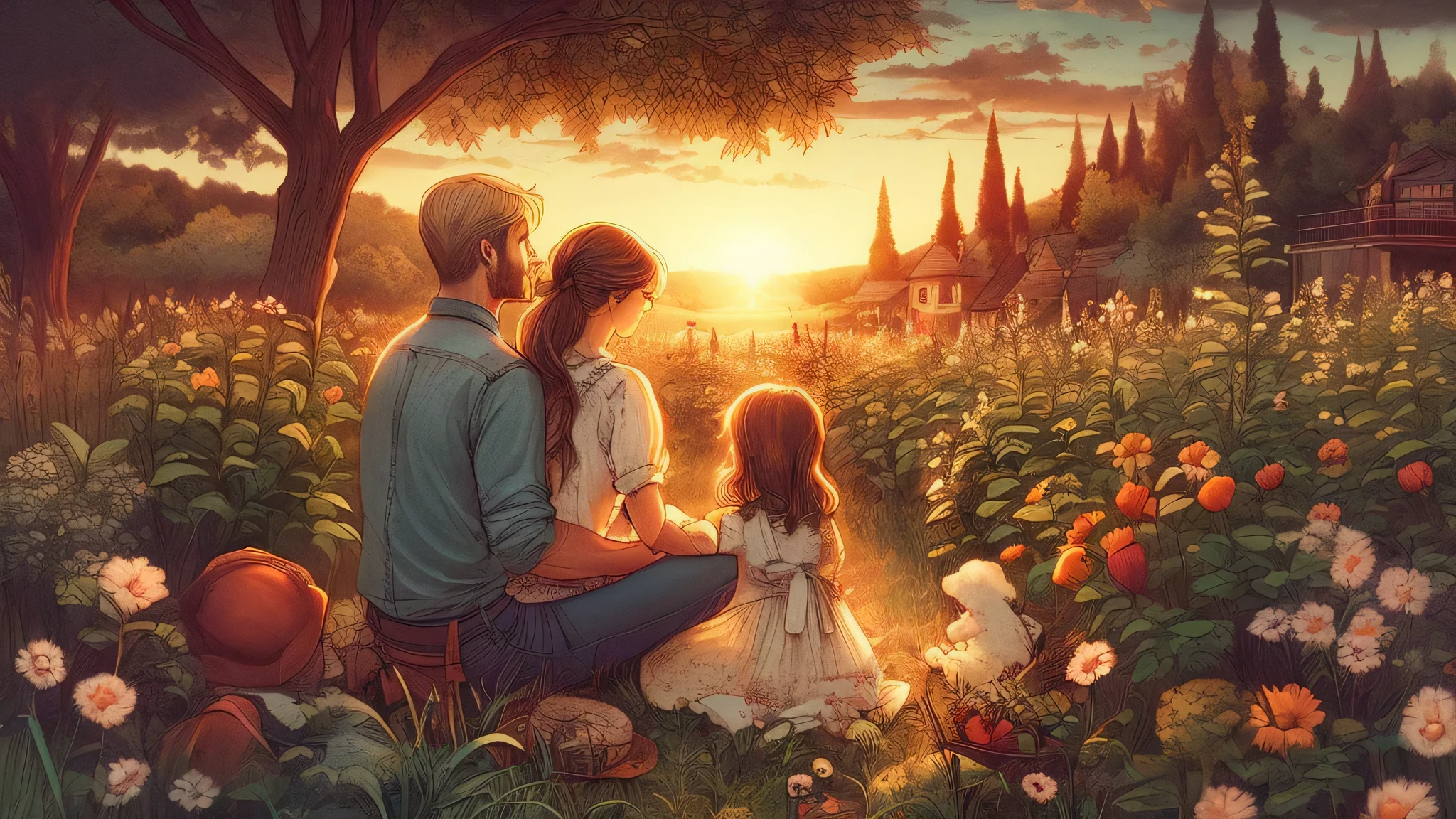 painting of a family sitting in a field of flowers watching the sunset, cena linda e quente, uma beautiful illustration de arte, beautiful digital illustration, beautiful illustration, Spring scenery, beautiful representation, Tarde de Primavera, sunset light