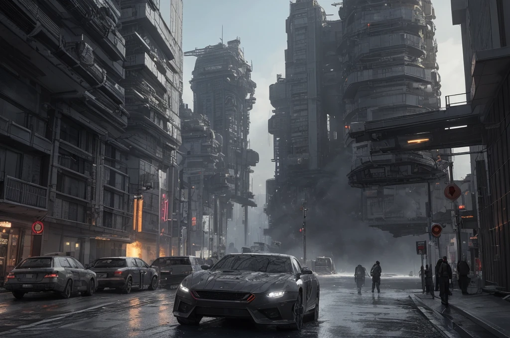 Ultra-realistic 16K CG, masterpiece, Best Composition, Photo quality, work of art, a lot of details, 8K, very detailed, distant fantasy, cyberpunk, hyper-detailed, crazy details, wet, rain, Moss on the walls, flowers, flood, against the backdrop of a beautiful futuristic fantasy city in the style of Coruscant from Star Wars by John Lucas, war, there is a battle going on, the city is attacked by sky dreadnoughts, fire from the sky, Explosions, buildings are burning, rays from tracer shells in the sky, a downed dreadnought is burning in the background, debris, there is a battle going on, fog, Science fiction, Huge fantastic skyscrapers in the background, space elevator towers, very high background detail, A lot of small details, A busy street, a lot of passers-by, the sky is gloomy from burning, molten metal flows into water, fuel burns in water., two soldiers escort a slave, neck collar with chain