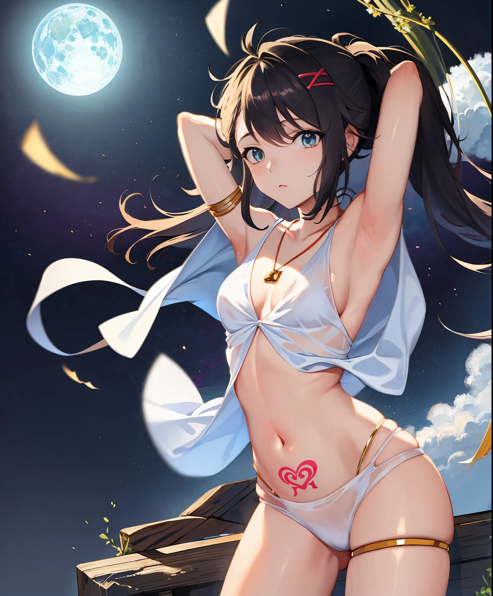 日本古代神话之美的舞蹈posture, whole body, posture, Tenno myth, Sheer wet kimono on white background, flowing tulle, fluttering veil, magatama hair accessories, 玉bracelet, jade necklace, tattoo, shiny skin, Pure white short belt, None, jewelry on arm, Medium chest, navel, Shoulder, neck, Clavicle line, armpit, armband ribbon, wreath , bracelet, Anklet, Belly decorated with pyroxene chain tassels, To God, striptease, ink, PopularCGSTATION, masterpiece, recent quality, High resolution details, 32k,black hair,Xin Haicheng。