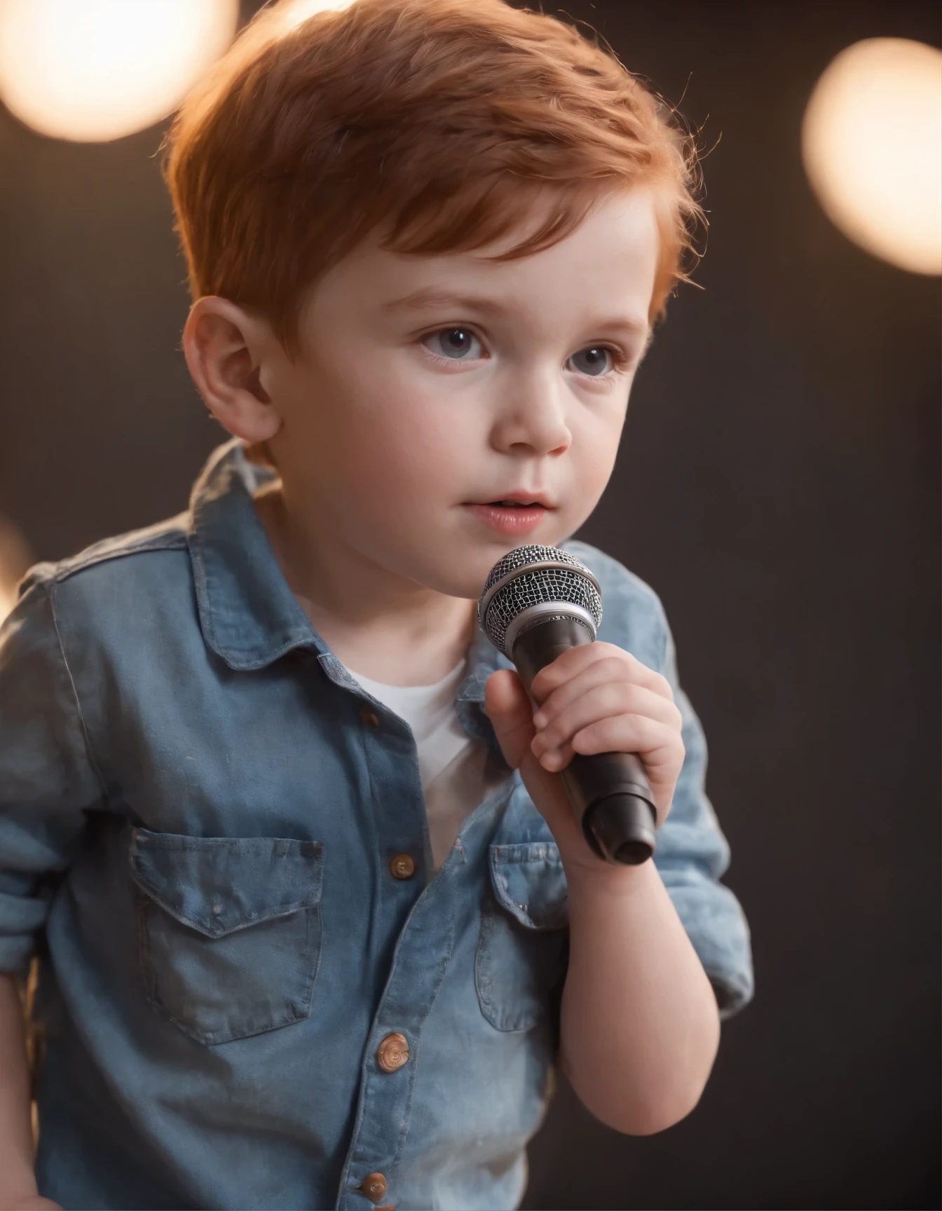 Perfect composition, 8K, Close up, A small red-haired European boy, with a red shirt and jeans and white sneakers, stands on a stage lit by stage lights, holds a microphone in his hand, and sings. An excited expression. Ambient smoke in the background. Behind, s in white shirts and jeans, singing. depth of field.