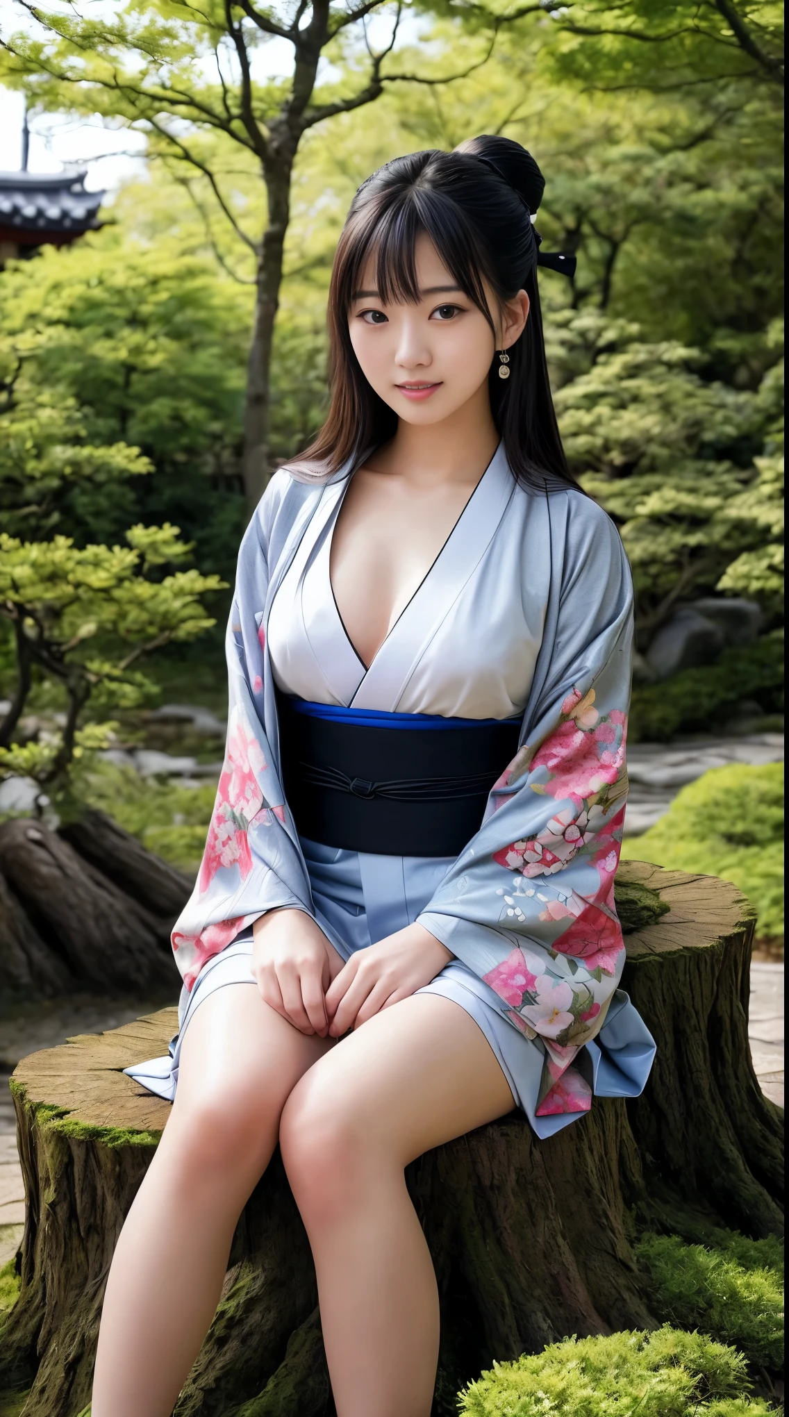 最high quality、high quality、best image quality、8K、最High resolution、High resolution、最high quality、masterpiece、RAW photo、whole body写真、Realistic human body in every detail、Realistic skin in every detail、Realistic face in every detail、Realistic eyes in every detail、Realistic lips in every detail、Realistic teeth in every detail、Realistic ears down to the last detail、Realistic hair down to the last detail、Realistic arms down to the last detail、Realistic reproduction of every detail、Realistic fingers in every detail、(fine hands、thumb1reference4)、Realistic feet in every detail、((beautiful japanese girl))、(japanese model)、((18 year old beautiful girl))、(black hair)、(straight hair)、((whole body))、((Upward beautiful breasts、Medium chest))、(slim style、slender style)、(whole body光沢肌、Fair skin)、Detailed and realistic human body、detailed realistic skin、detailed realistic face、detailed realistic arms、detailed realistic fingers、Detailed realistic feet、soft natural light、(Maiko-san、geisha、kimono、Furisode、Yukata、japanese traditional、Samurai Residence、Japanese garden、((Colorful floral pattern(丈が短いkimono))、((sit on a stump in the garden(Pose that makes your thighs look beautiful))、angle from below