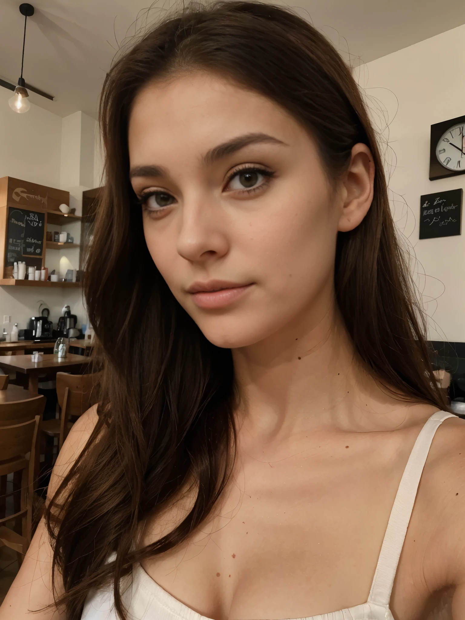 Photo d&#39;une femme brune de 20 ans, qui a un visage très naturel,  Lèvres fines, yeux fins, sourcils fins, nez fin, avec des tâches de rousseur, des origines italiennes, des boucles d&#39;oreilles, long cils. Elle fait un joli selfie dans un café