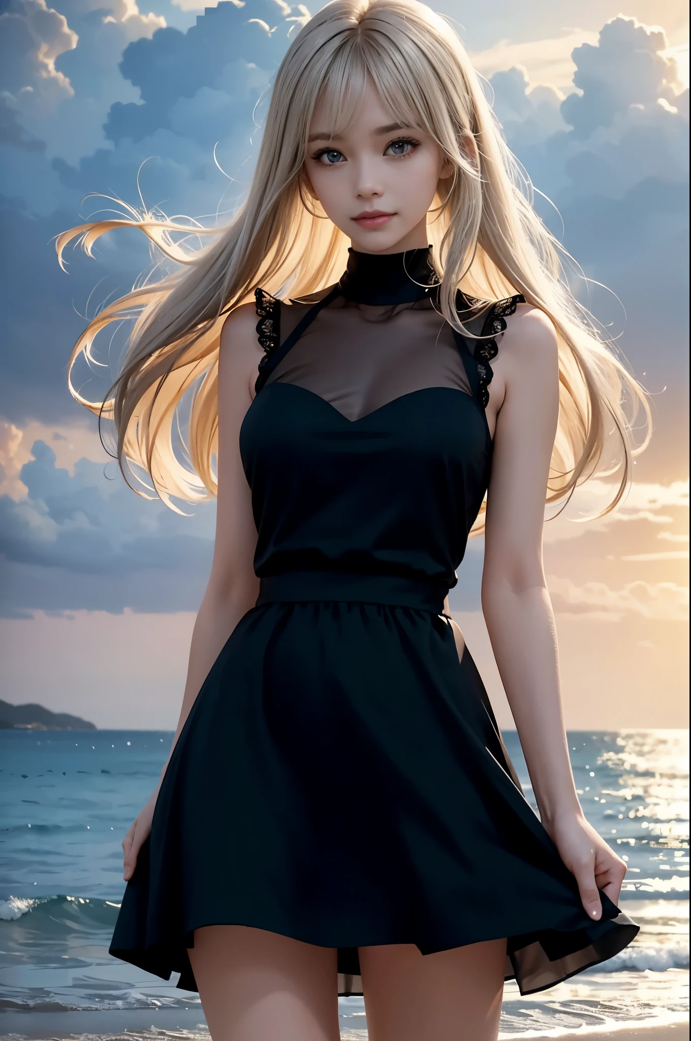 1 girl, blonde hair, gray hair, long hair, bangs, sparkling eyes, long eyelashes, pupils shine, compensate, smile, Depth of bounds written, from below, silhouette, from behind, wide shot, f/1.4, 135mm, canon, nffsw, retina, Accurate, anatomically correct, rough skin, Super detailed, advanced details, high quality, 最high quality, High resolution, 8K, (Woman walking on the beach at sunset), 逆光のsilhouette, (see-through black dress), ((光を通して体のsilhouetteが見える)), (hair blowing in the wind), (Skirt soars in the wind)
