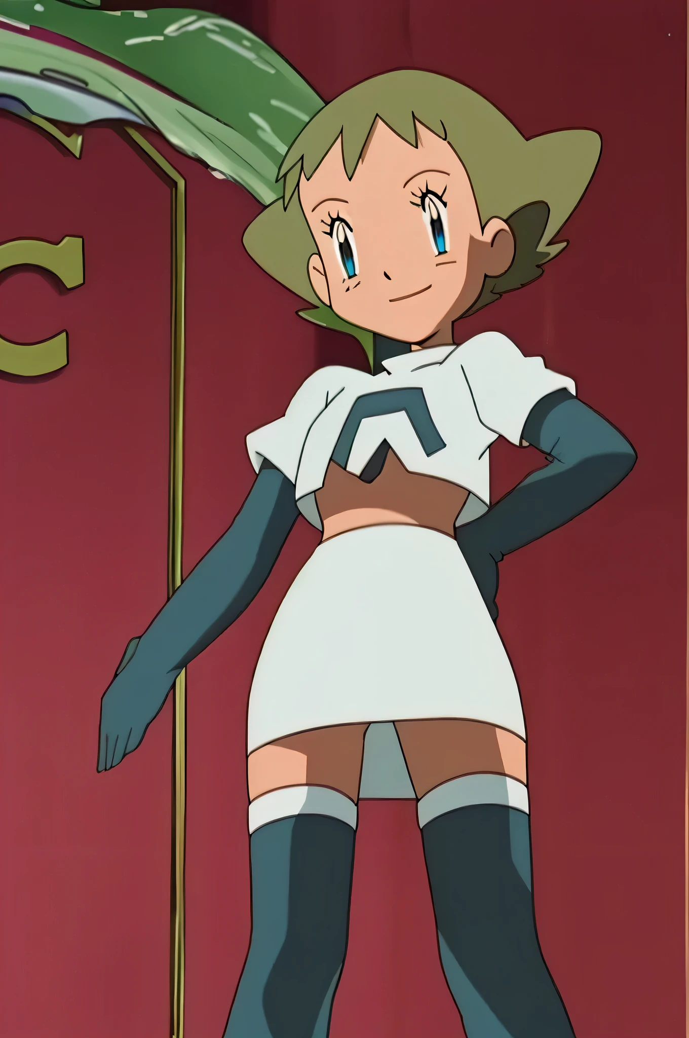 8k, masterpiece,highres,very large breast, team rocket uniform, red letter r, white skirt,white crop top,black thigh-high boots, black elbow gloves, seductive smile, looking down at viewer, hands on hips, cowboy shot, zettai ryouiki,from below, black panties,anime style, vivid colors, sharp focus, intense lighting,molly hale