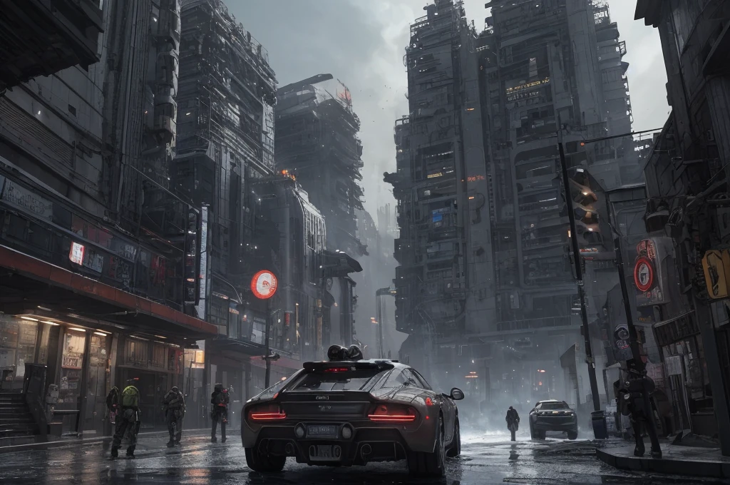 Ultra-realistic 16K CG, masterpiece, Best Composition, Photo quality, work of art, a lot of details, 8K, very detailed, distant fantasy, cyberpunk, hyper-detailed, crazy details, wet, rain, Moss on the walls, flowers, flood, against the backdrop of a beautiful futuristic fantasy city in the style of Coruscant from Star Wars by John Lucas, war, there is a battle going on, the city is attacked by sky dreadnoughts, fire from the sky, Explosions, buildings are burning, rays from tracer shells in the sky, a downed dreadnought is burning in the background, debris, there is a battle going on, fog, Science fiction, Huge fantastic skyscrapers in the background, space elevator towers, very high background detail, A lot of small details, A busy street, a lot of passers-by, the sky is gloomy from burning, molten metal flows into water, fuel burns in water., two soldiers escort a slave, neck collar with chain
