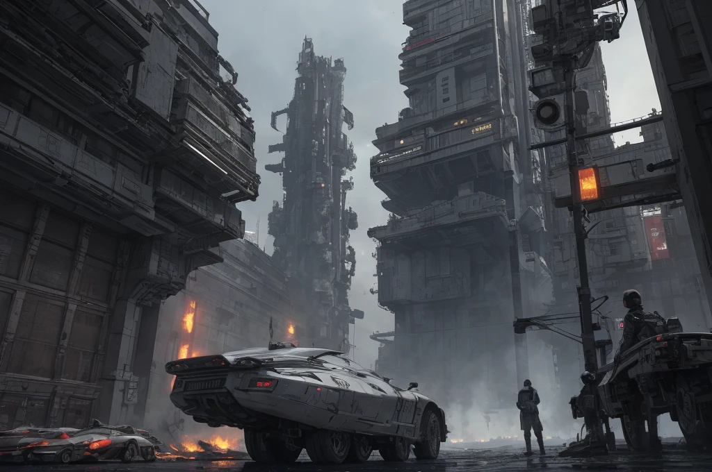 Ultra-realistic 16K CG, masterpiece, Best Composition, Photo quality, work of art, a lot of details, 8K, very detailed, distant fantasy, cyberpunk, hyper-detailed, crazy details, wet, rain, Moss on the walls, flowers, flood, against the backdrop of a beautiful futuristic fantasy city in the style of Coruscant from Star Wars by John Lucas, war, there is a battle going on, the city is attacked by sky dreadnoughts, fire from the sky, Explosions, buildings are burning, rays from tracer shells in the sky, a downed dreadnought is burning in the background, debris, there is a battle going on, fog, Science fiction, Huge fantastic skyscrapers in the background, space elevator towers, very high background detail, A lot of small details, A busy street, a lot of passers-by, the sky is gloomy from burning, molten metal flows into water, fuel burns in water., two soldiers escort a slave, neck collar with chain