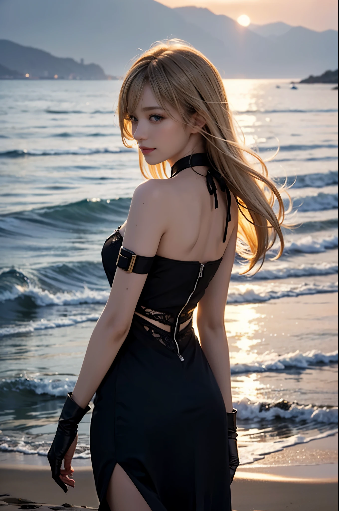 1 girl, blonde hair, gray hair, long hair, bangs, sparkling eyes, long eyelashes, pupils shine, compensate, smile, Depth of bounds written, from below, silhouette, from behind, wide shot, f/1.4, 135mm, canon, nffsw, retina, Accurate, anatomically correct, rough skin, Super detailed, advanced details, high quality, 最high quality, High resolution, 8K, (Woman walking on the beach at sunset), 逆光のsilhouette, (see-through black dress), ((光を通して体のsilhouetteが見える)), (hair blowing in the wind), (Skirt soars in the wind)