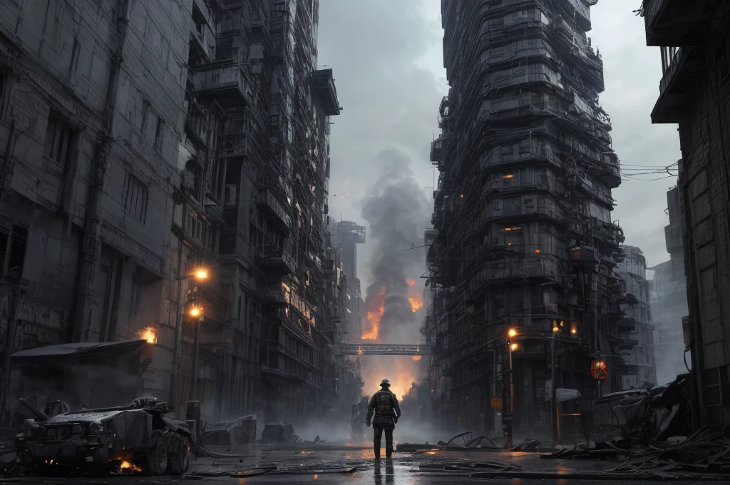 Ultra-realistic 16K CG, masterpiece, Best Composition, Photo quality, work of art, a lot of details, 8K, very detailed, distant fantasy, cyberpunk, hyper-detailed, crazy details, wet, rain, Moss on the walls, flowers, flood, against the backdrop of a beautiful futuristic fantasy city in the style of Coruscant from Star Wars by John Lucas, war, there is a battle going on, the city is attacked by sky dreadnoughts, fire from the sky, Explosions, buildings are burning, rays from tracer shells in the sky, a downed dreadnought is burning in the background, debris, there is a battle going on, fog, Science fiction, Huge fantastic skyscrapers in the background, space elevator towers, very high background detail, A lot of small details, A busy street, a lot of passers-by, the sky is gloomy from burning, molten metal flows into water, fuel burns in water., two soldiers escort a slave, neck collar with chain