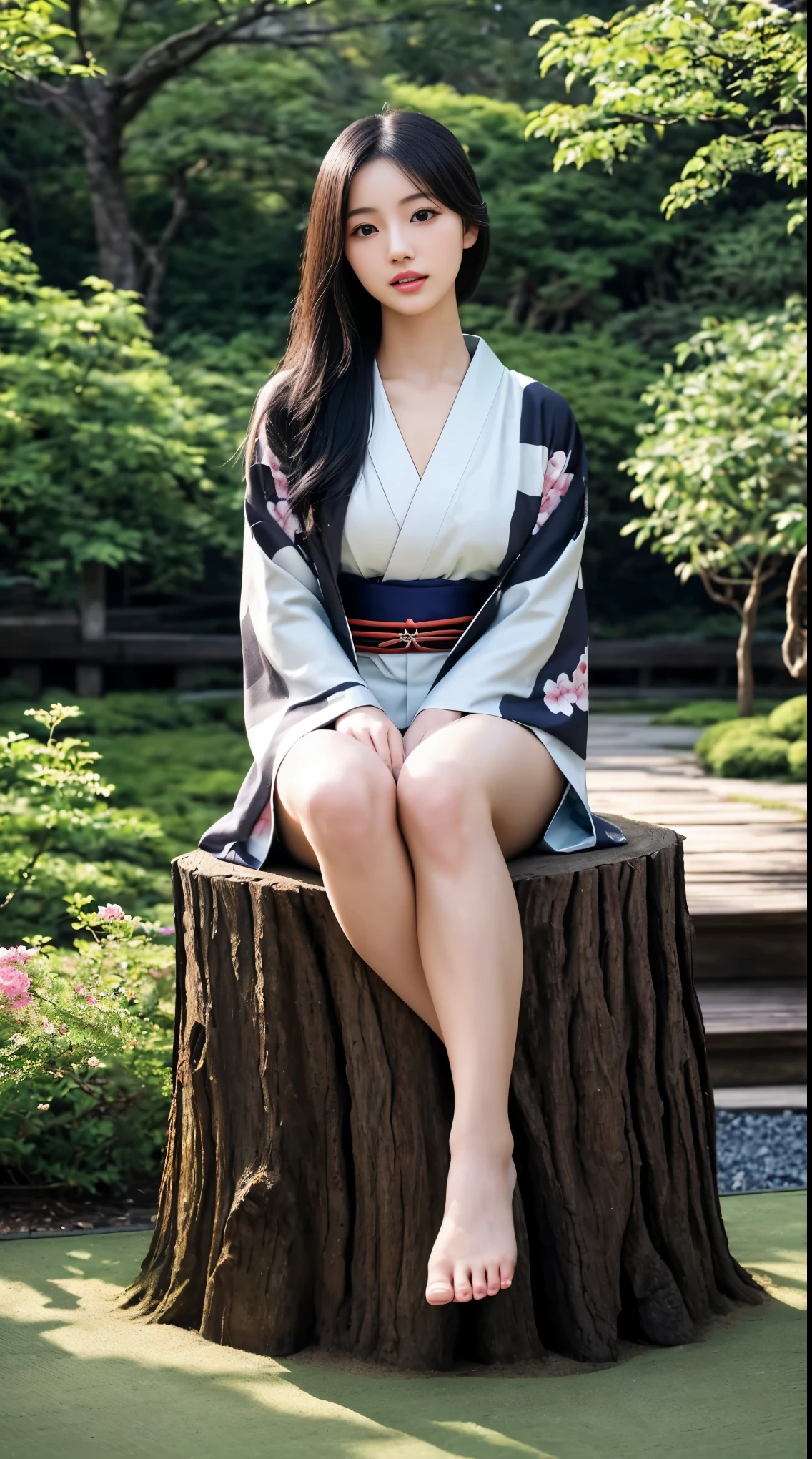 最high quality、high quality、best image quality、8K、最High resolution、High resolution、最high quality、masterpiece、RAW photo、whole body写真、Realistic human body in every detail、Realistic skin in every detail、Realistic face in every detail、Realistic eyes in every detail、Realistic lips in every detail、Realistic teeth in every detail、Realistic ears down to the last detail、Realistic hair down to the last detail、Realistic arms down to the last detail、Realistic reproduction of every detail、Realistic fingers in every detail、(fine hands、thumb1reference4)、Realistic feet in every detail、((beautiful japanese girl))、(japanese model)、((18 year old beautiful girl))、(black hair)、(straight hair)、((whole body))、((Upward beautiful breasts、Medium chest))、(slim style、slender style)、(whole body光沢肌、Fair skin)、Detailed and realistic human body、detailed realistic skin、detailed realistic face、detailed realistic arms、detailed realistic fingers、Detailed realistic feet、soft natural light、(Maiko-san、geisha、kimono、Furisode、Yukata、japanese traditional、Samurai Residence、Japanese garden、((Colorful floral pattern(丈が短いkimono))、((sit on a stump in the garden(Pose that makes your thighs look beautiful))、angle from below