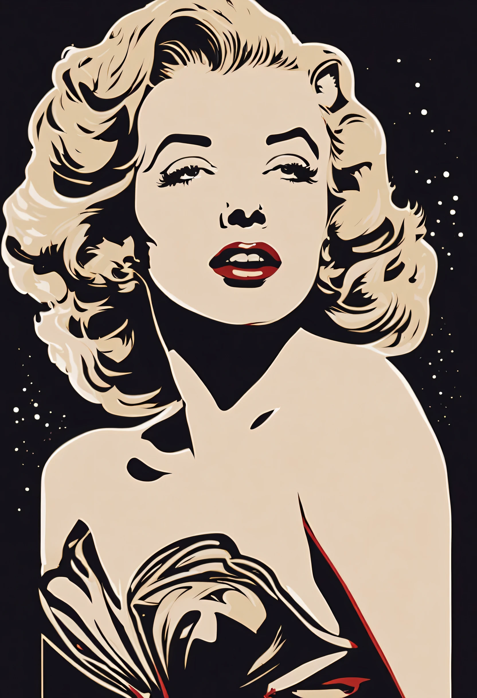 A woman with big breasts resembling a giant Marilyn Monroe floating in the night sky,upper body naked,Red beams from her nipples,Ukiyo-e style,Countless UFOs floating in the sky,