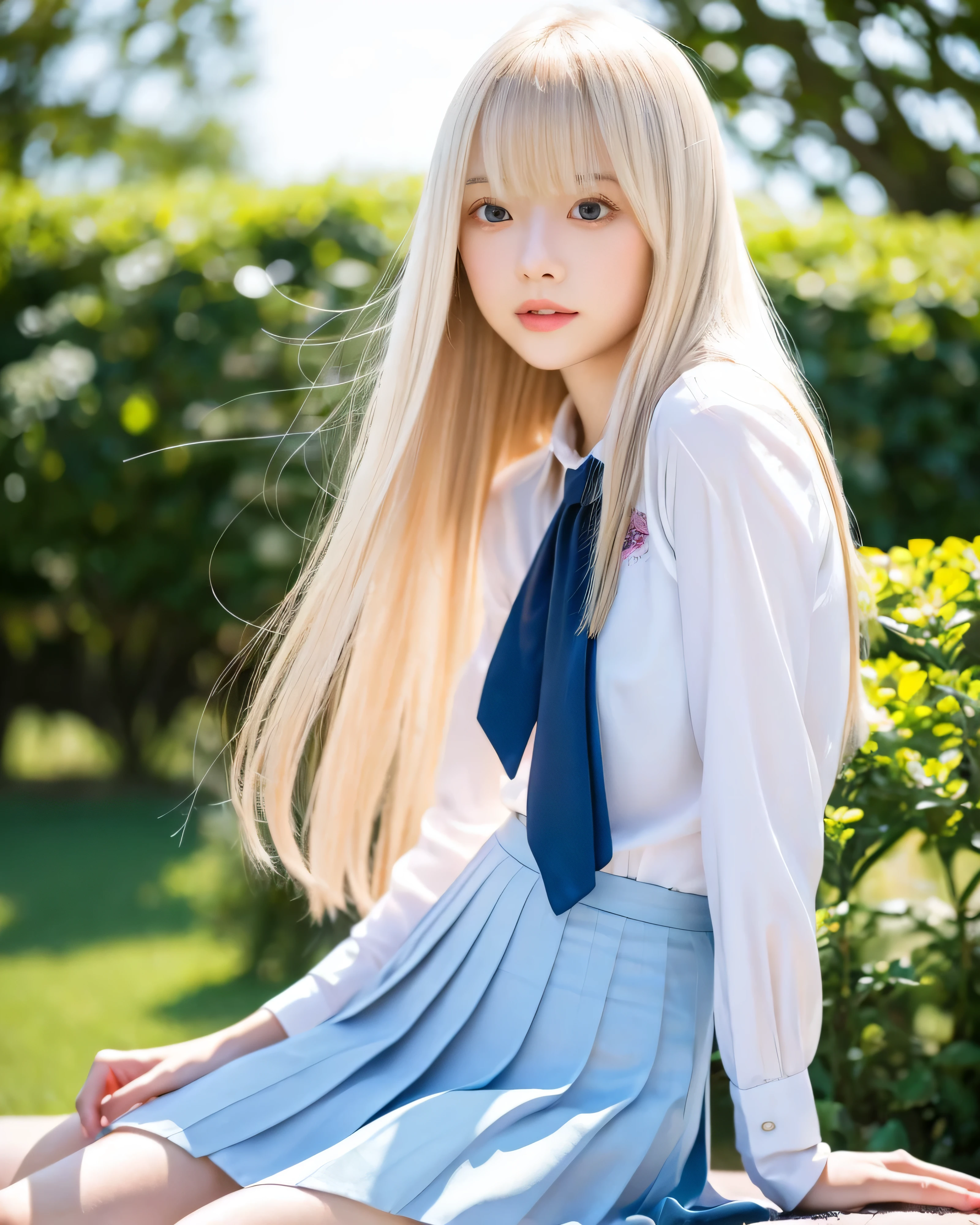 beautiful japanese girl platinum blonde thin hair Detailed complex hair Super Long Straight Silk Hair asymmetrical bangs、magical beautiful eyes detailed beautiful eyes A fleeting expression smooth and soft skin high resolution glossy face bright makeup pale pink lips 17 year old girl(school uniform:1.5) navy pleated skirt mini skirt Dense and beautiful legs summer sunshine professional lighting blue sky White cloud skirt fluttering in the wind Low - Angle professional photographer