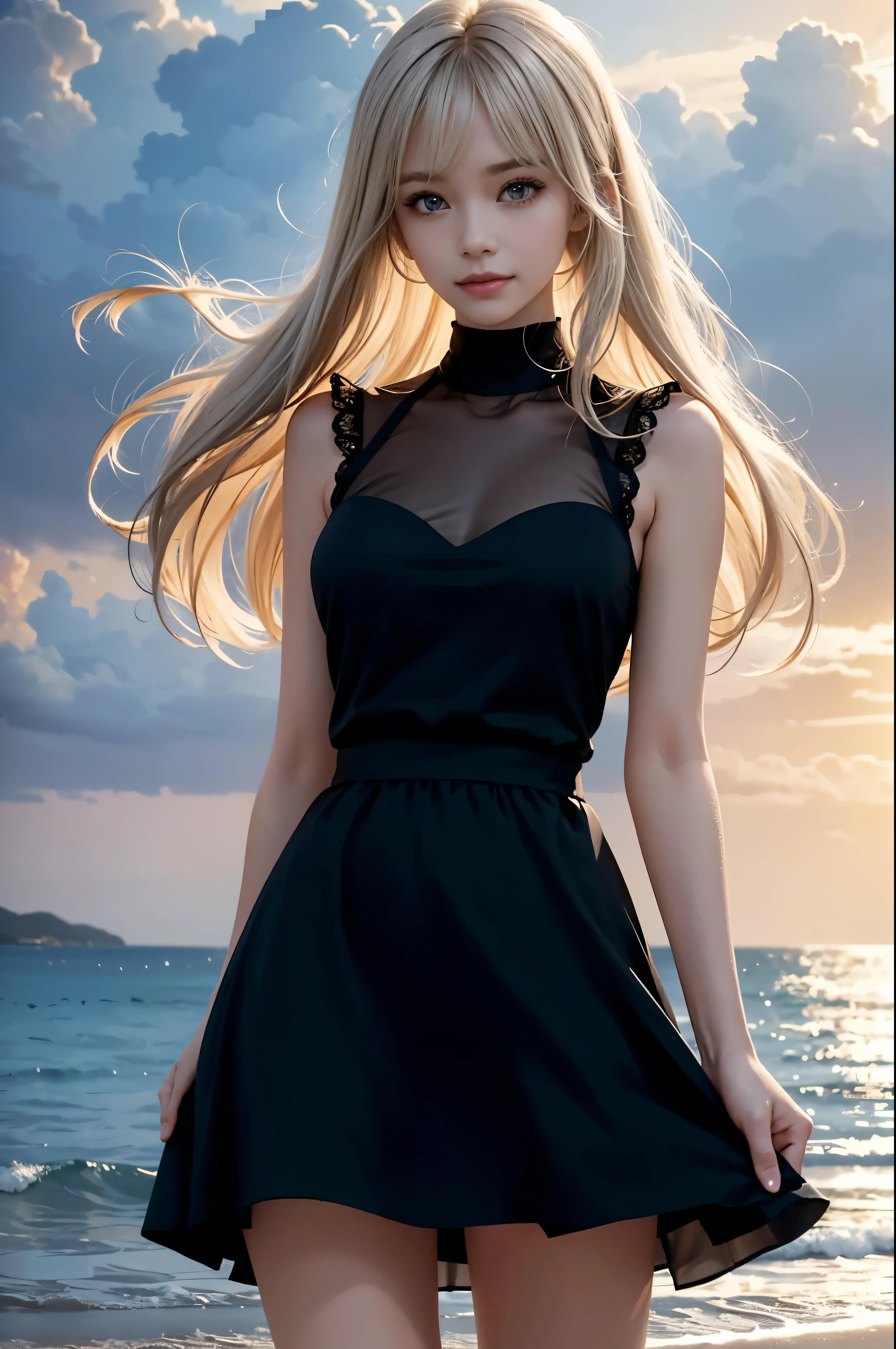 trans Male to female, plump pursed lips, freckles, two colors hair, long curly yellow hair with bangs, crystal blue eyes with smoky eye shadow and black eyeliner, black semi-matte lipstick, pale tan skin, flirty smug smile, red sundress, large futanari genital huge bulge, at night, full moon night,