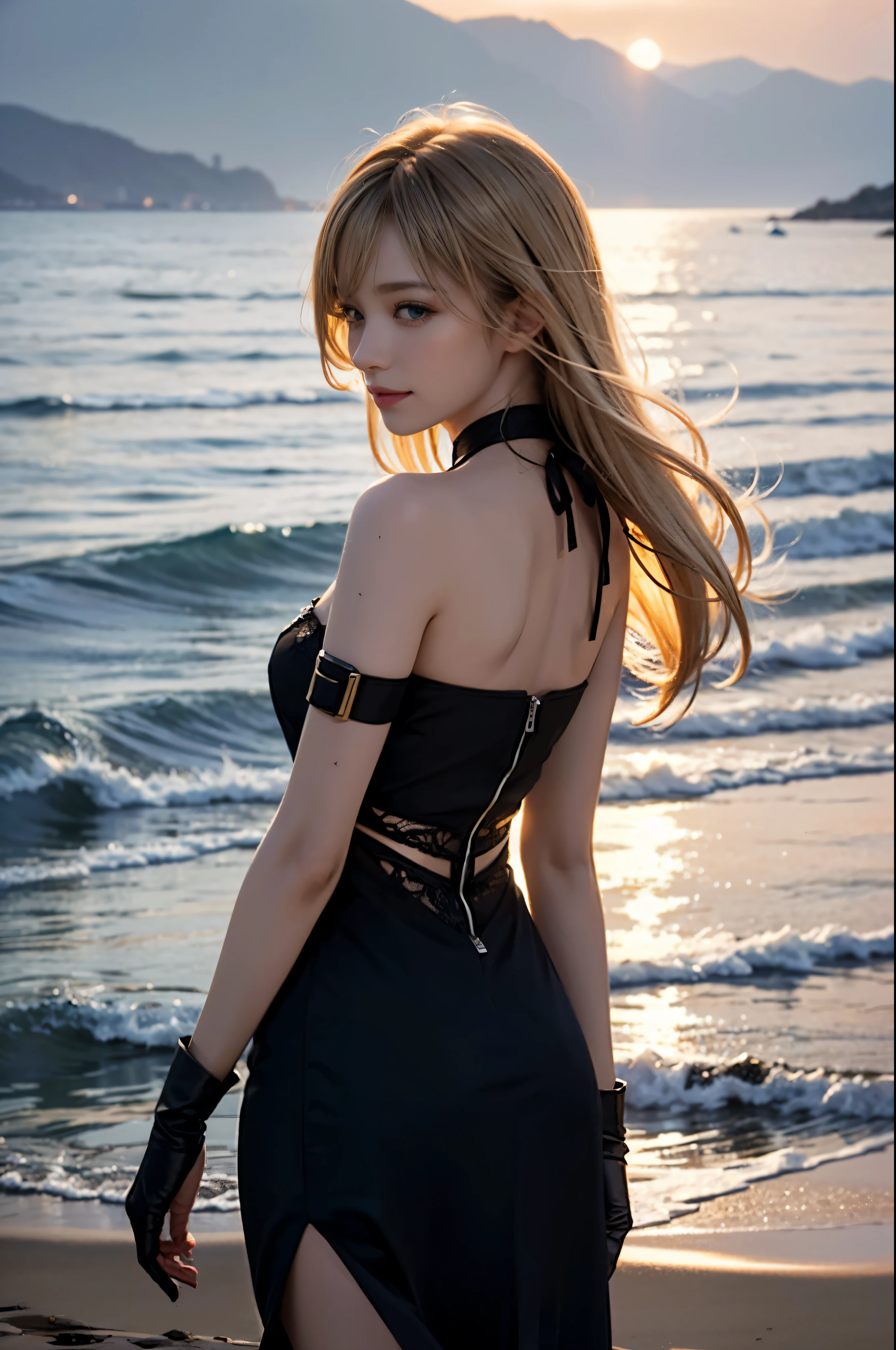 1 girl, blonde hair, gray hair, long hair, bangs, sparkling eyes, long eyelashes, eyes shine, compensate, smile, written boundary depth, from below, silhouette, from behind, wide shot, f/1.4, 135mm, canon, nffsw, retina, Accurate, anatomically correct, rough skin, Super detailed, advanced details, high quality, 最high quality, High resolution, 8K, (Woman walking on the beach at sunset), 逆光のsilhouette, (see through black dress), ((光を通して体のsilhouetteが見える)), (hair blowing in the wind), (My skirt flies up in the wind)