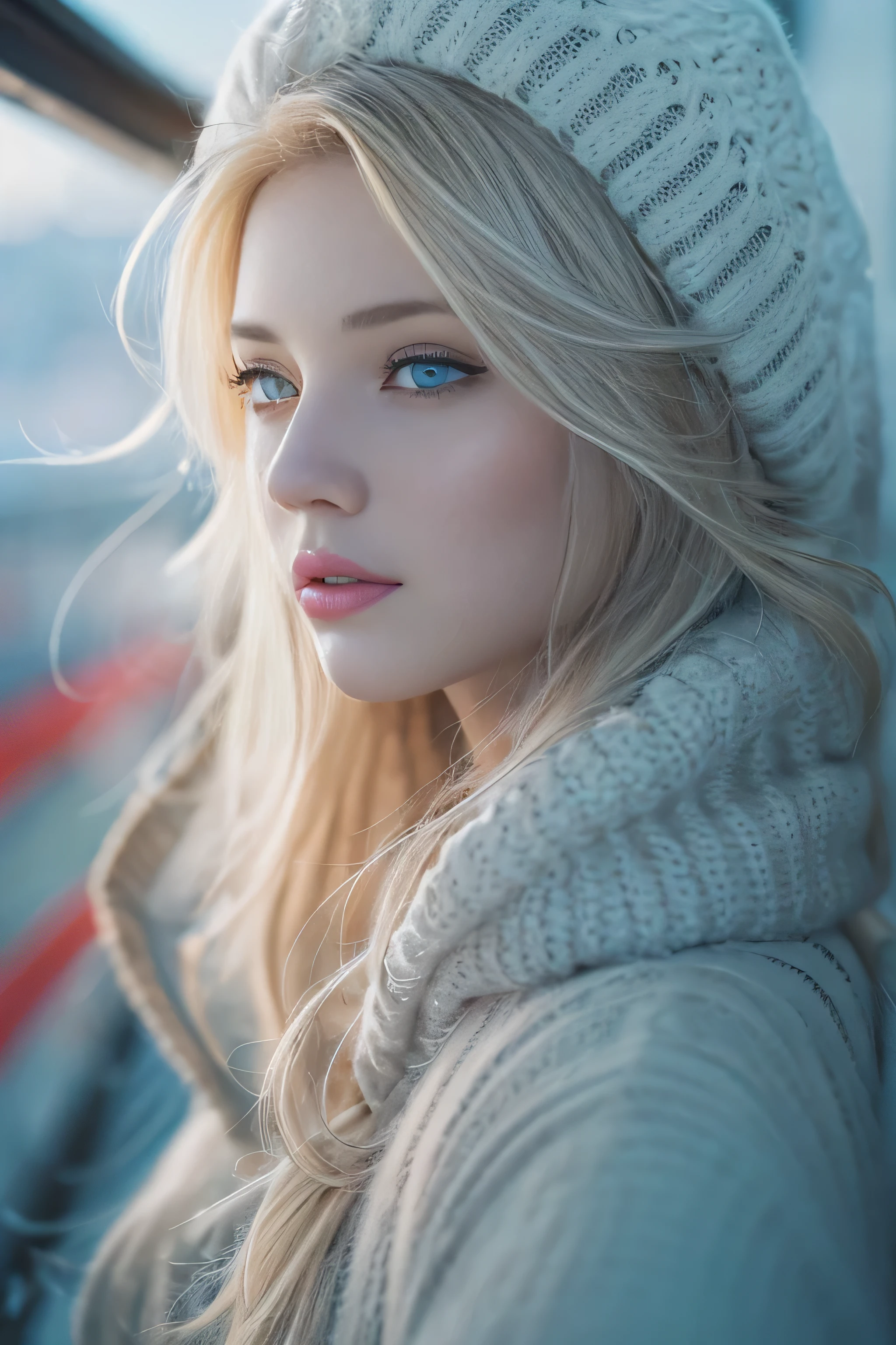 1 female、(european:1.5)、(late 20s)、(super beautiful)、(beautiful face:1.5)、(detailed face:1.5)、(blue eyes)、blonde、shallow depth of field、It had been snowing since I got off the night train..、I can only hear the sound of the sea、I also took the ferry alone..、Staring at the frozen seagulls
