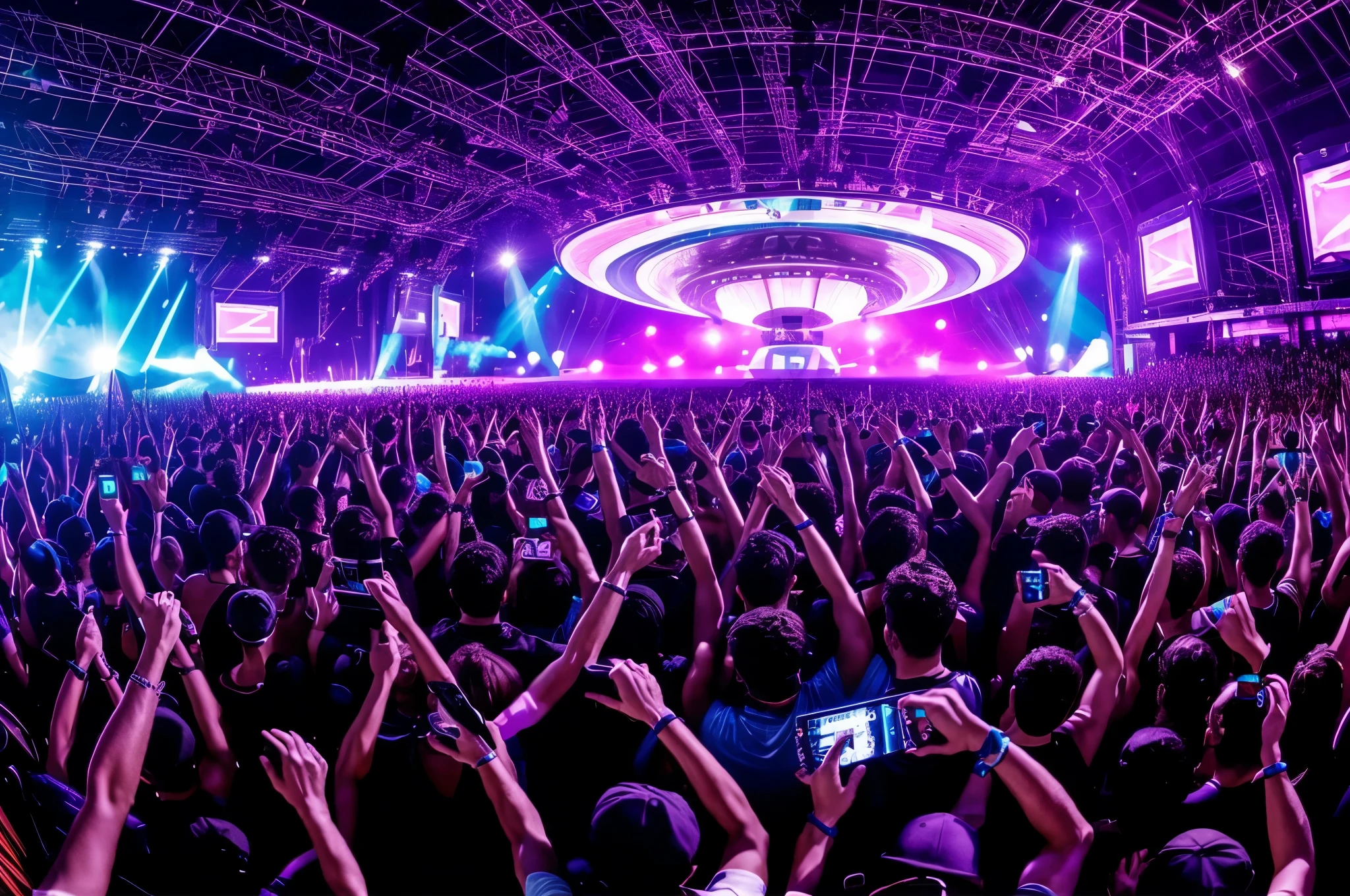 Giant screen displaying a flying saucer, festival stage setup