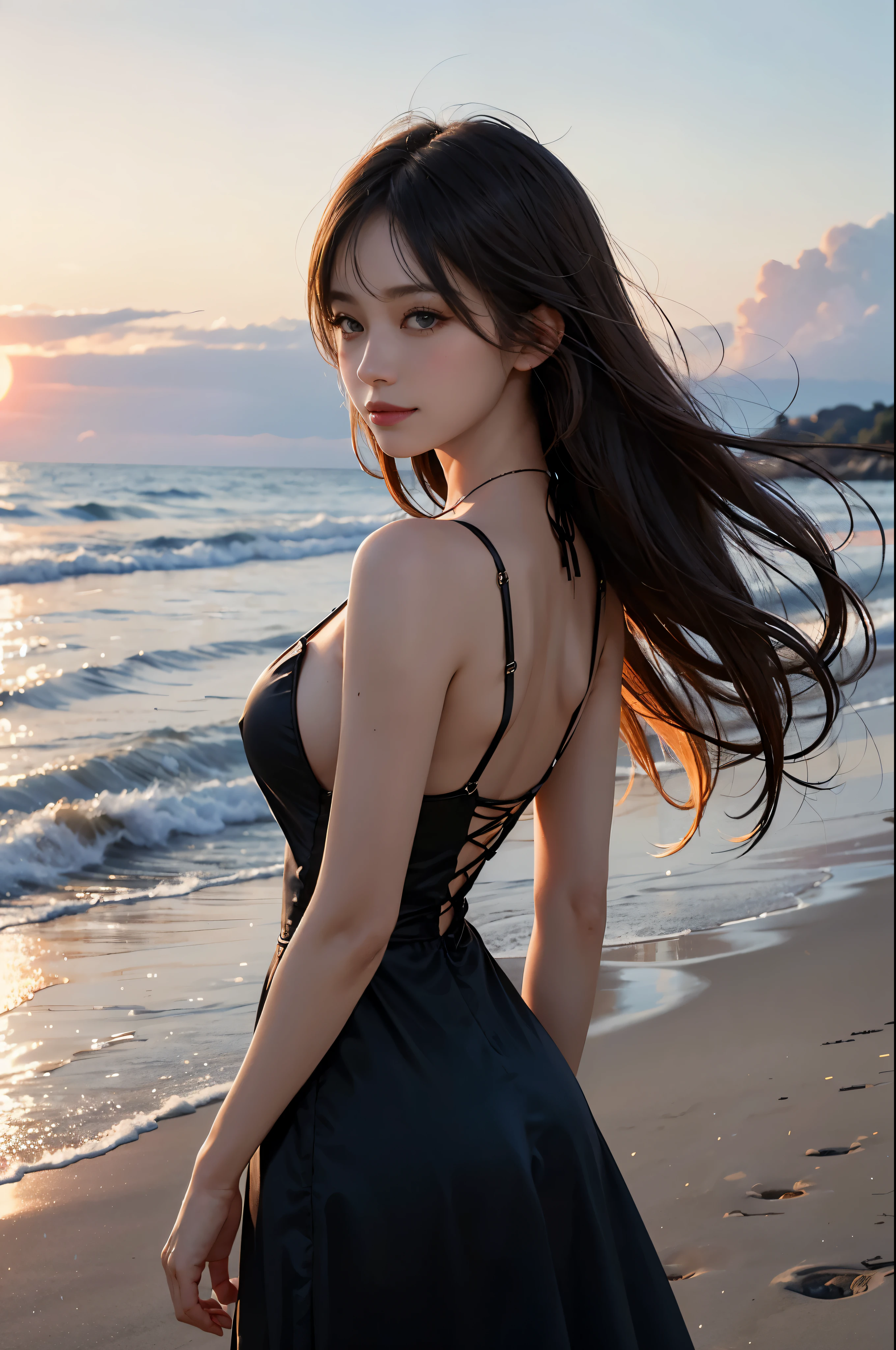 1 girl, blonde hair, gray hair, long hair, bangs, sparkling eyes, long eyelashes, eyes shine, compensate, smile, written boundary depth, from below, silhouette, from behind, wide shot, f/1.4, 135mm, canon, nffsw, retina, Accurate, anatomically correct, rough skin, Super detailed, advanced details, high quality, 最high quality, High resolution, 8K, (Woman walking on the beach at sunset), 逆光のsilhouette, (see through black dress), ((光を通して体のsilhouetteが見える)), (hair blowing in the wind), (My skirt flies up in the wind)