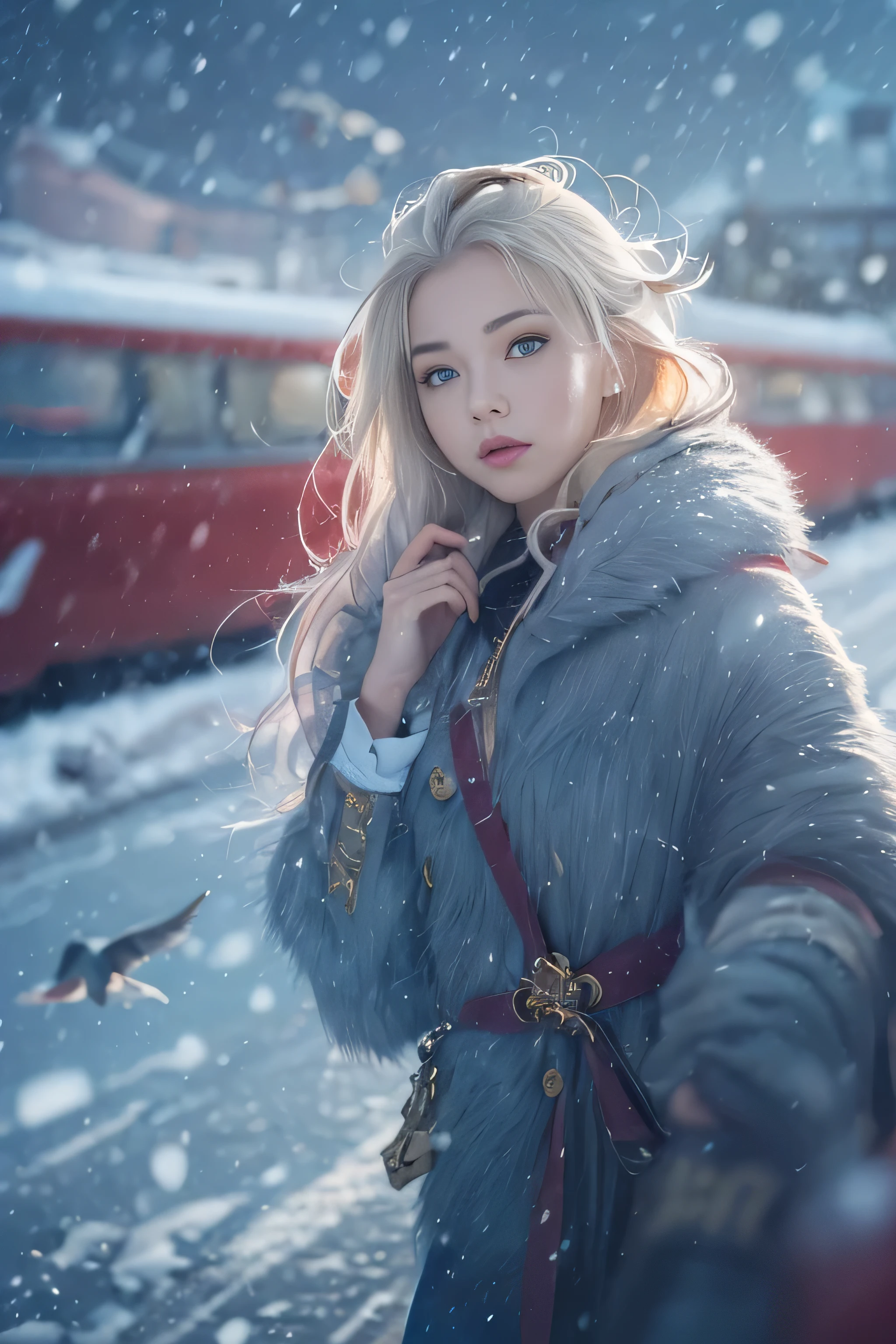 1 female、(european:1.5)、(late 20s)、(super beautiful)、(beautiful face:1.5)、(detailed face:1.5)、(blue eyes)、blonde、shallow depth of field、It had been snowing since I got off the night train..、I can only hear the sound of the sea、I also took the ferry alone..、Staring at the frozen seagulls