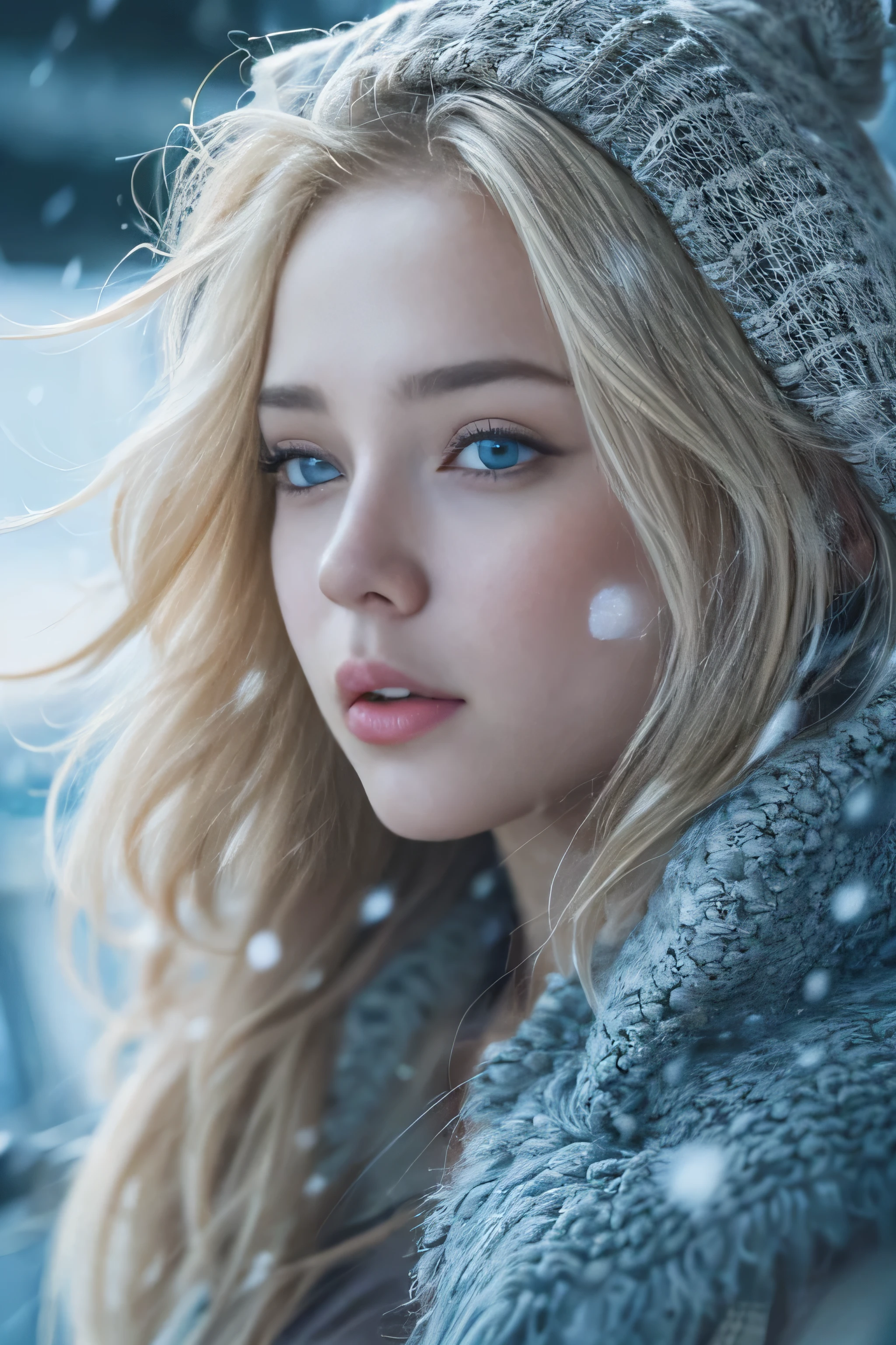 1 female、(european:1.5)、(late 20s)、(super beautiful)、(beautiful face:1.5)、(detailed face:1.5)、(blue eyes)、blonde、shallow depth of field、It had been snowing since I got off the night train..、I can only hear the sound of the sea、I also took the ferry alone..、Staring at the frozen seagulls