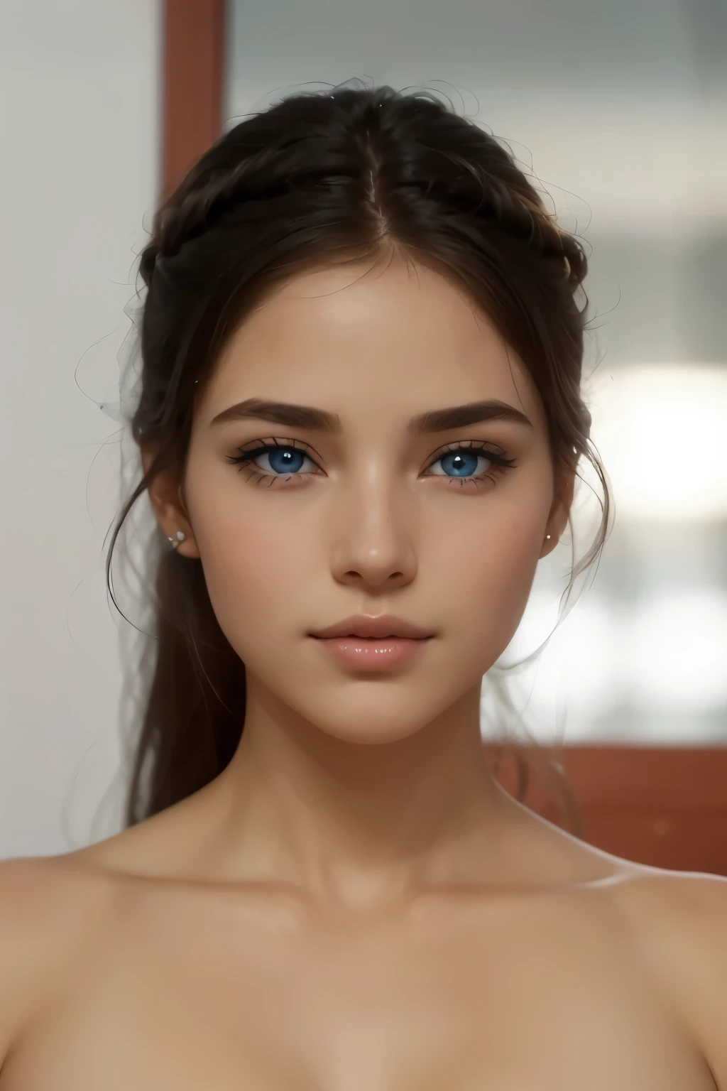 "(best quality,ultra-detailed),delicate blue eyes,shy,blushing,beautiful detailed lips,girl with delicate blue eyes and blushing cheeks,softly blushing cheeks,shyly looking at viewer,  soft lighting,portrait painting technique,vivid colors,subtle color palette"  seductive smile, waist up, large breasts, nude, nsfw, breasts fully revealedl