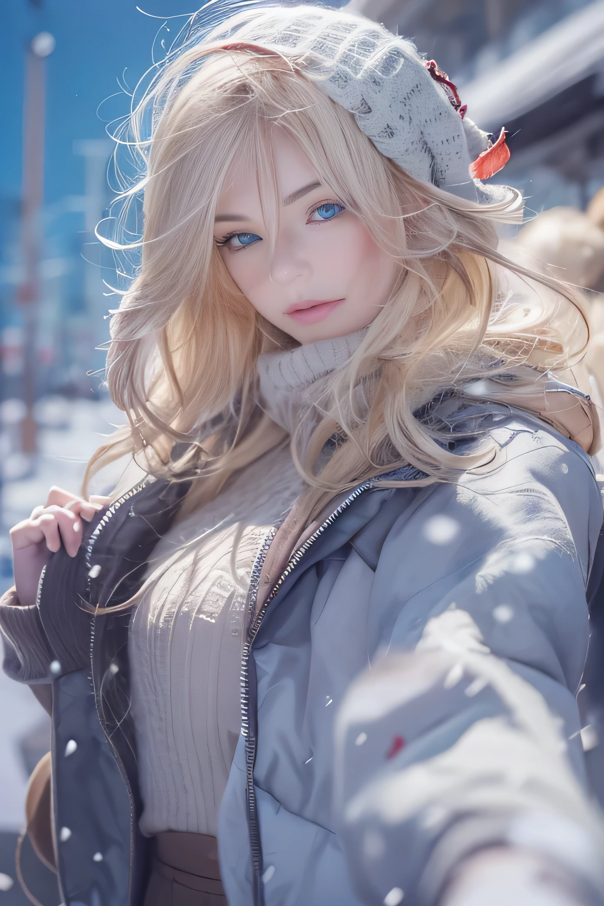 Girl in the snow,adolable,Thick clothes,white colors。