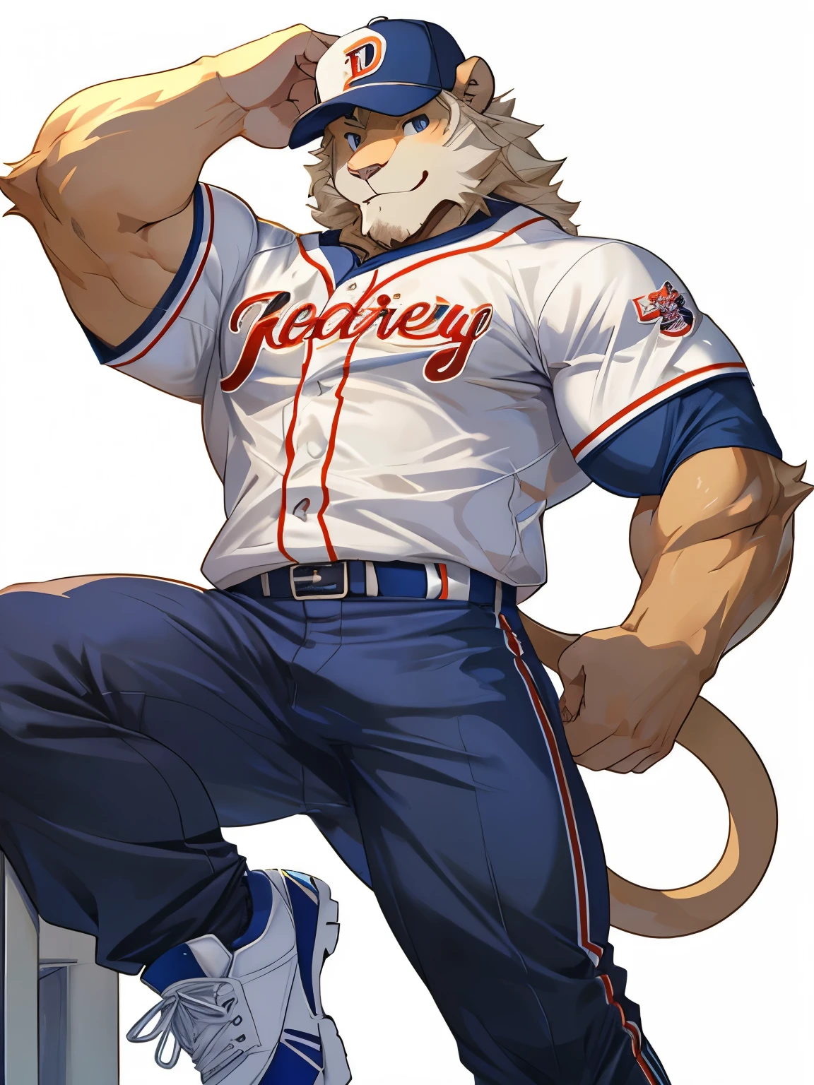 Leo seibu lions, good looking, male, anthro, ultradetailed, muscular, solo, bareness, rippling muscles, muscles, simple background, vector background, tail, smiling, lying, open legs, baseball uniform, poster,by takahirosi