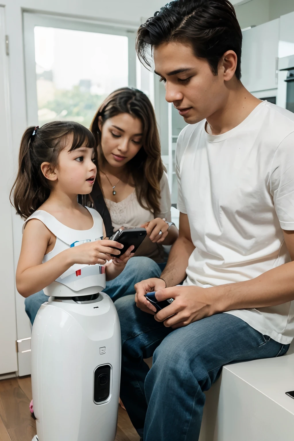 real photo family with phone is using ai bot assistant 