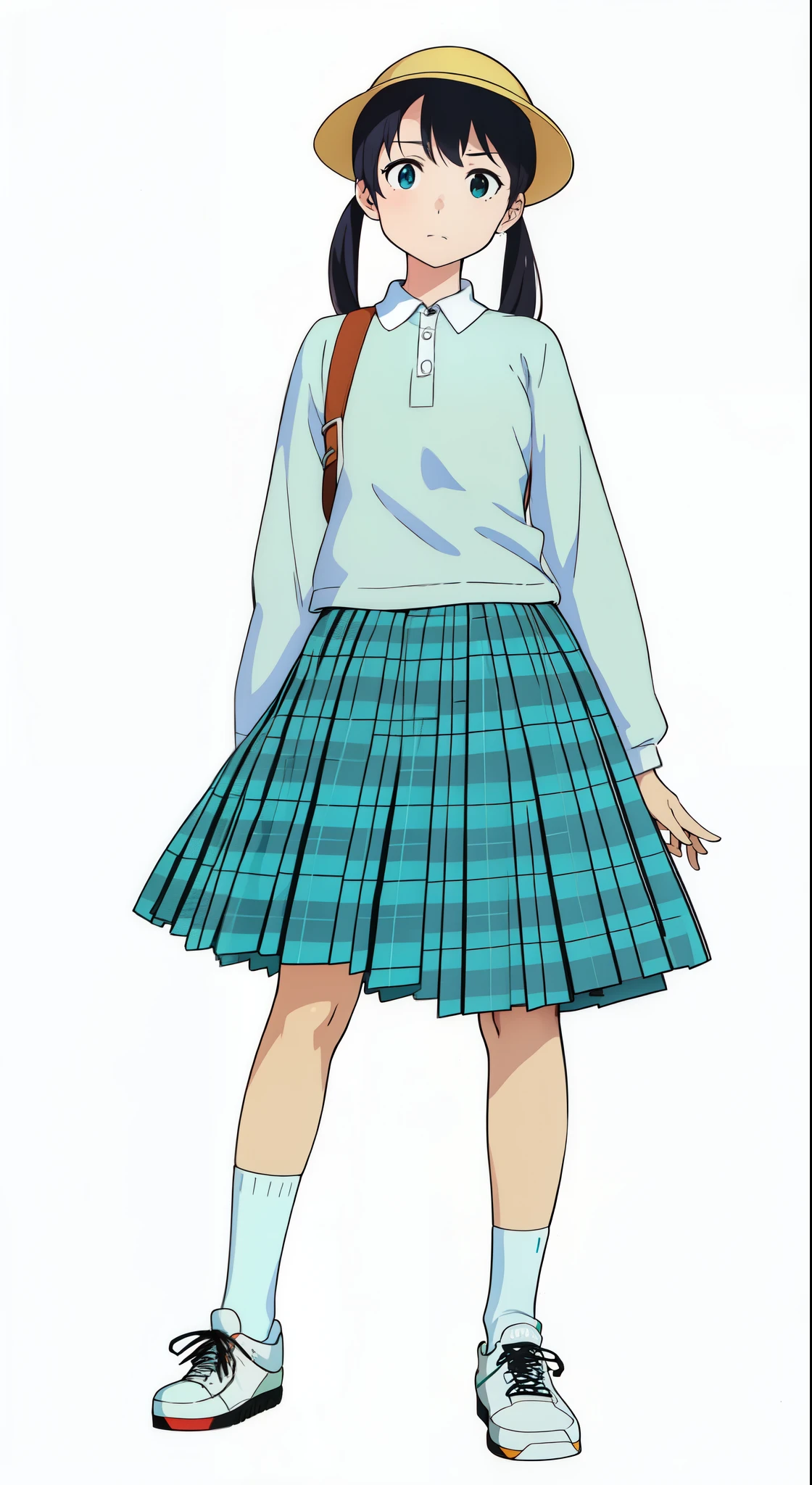 (white background:1.0), (best quality:1.0), (masterpiece:1.0), (super fine illustration:1.0), (beautiful artwork:1.0), (anime screencap:1.0), (official art:1.0), (full body:1.0), (solo:1.0), (ESGA:1.0), (a 12yo cute girl:1.0), (yellow hat:1.0), (red backpack:1.0), (long skirt:1.0), (green tartan skirt:1.0), (pleated skirt:1.0), (aqua blue polo shirt:1.0), (long sleeve polo shirt:1.0), (sneakers:1.0), (white socks:1.0), (ideal ratio body proportions:1.25), (lanky:1.25), (tall:1.25), (slender:1.25), (small breasts:1.25), (smaller face:1.25), (tareme:1.0), (detailed beautiful eyes:1.0), (detailed beautiful face:1.0), (glowing black eyes:1.0), (short hair:1.0), (low twintails:1.0), (black hair:1.0), (standing:1.0), (looking at viewer:1.0)