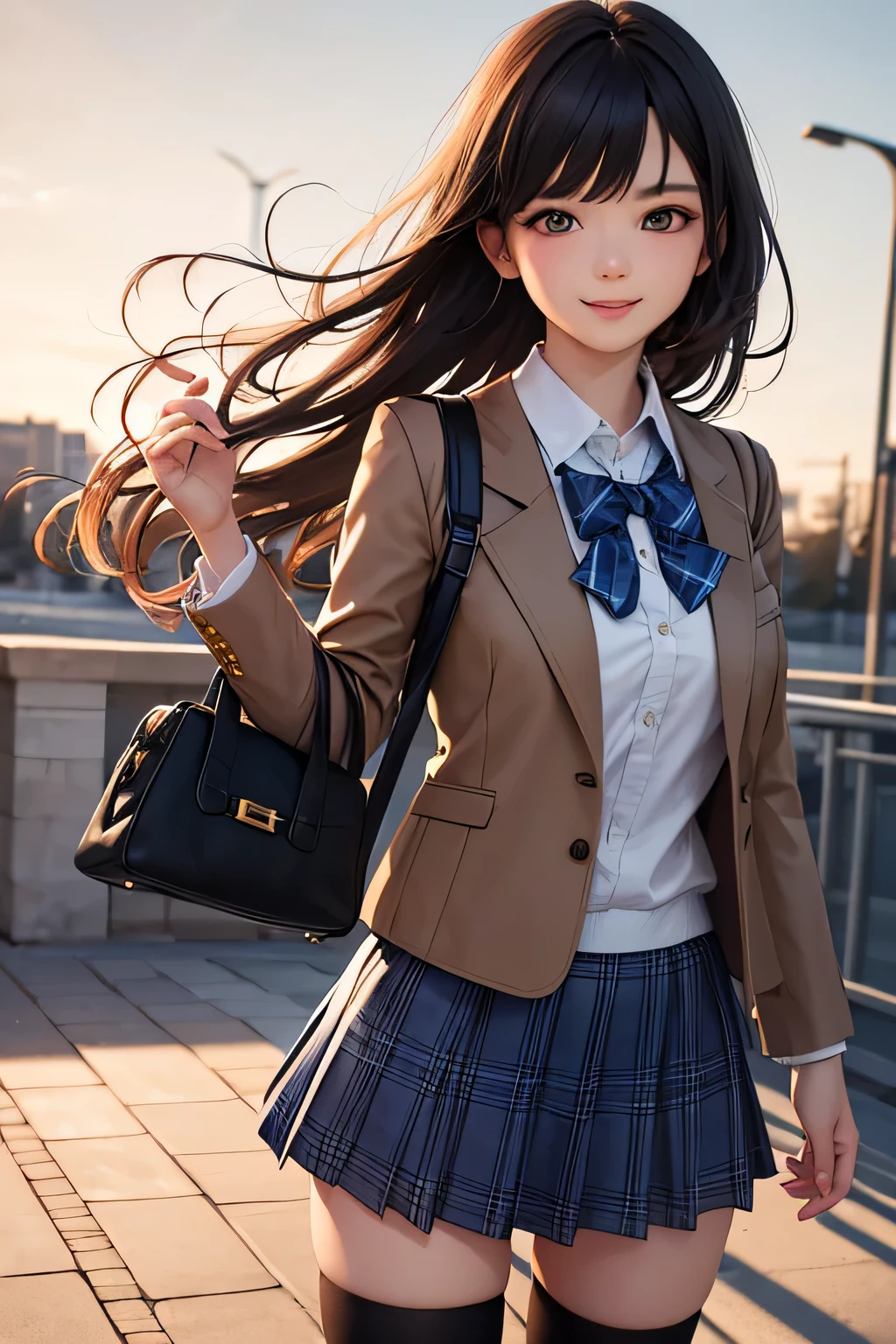 very cute and beautiful girl,Ten generations,(very detailed美しい顔),(smile),Happy,cowboy shot,
(brown jacket:1.2),collared shirt,Checkered bowtie BREAK Detailed legs,zettai ryouiki,Brown Shoulder Bag,
stylish pose,hairpin,black hair,(blue plaid mini skirt:1.2),Stone Gate,admission,Multicolored rose flowers,
(highest quality,masterpiece:1.2),disorganized,High resolution,super detailed,very detailed,32K,8K resolution,
intricate details,movie-like scene,detailed background,alone,dynamic angle,
hair blowing in the wind,beautiful and detailed sky,