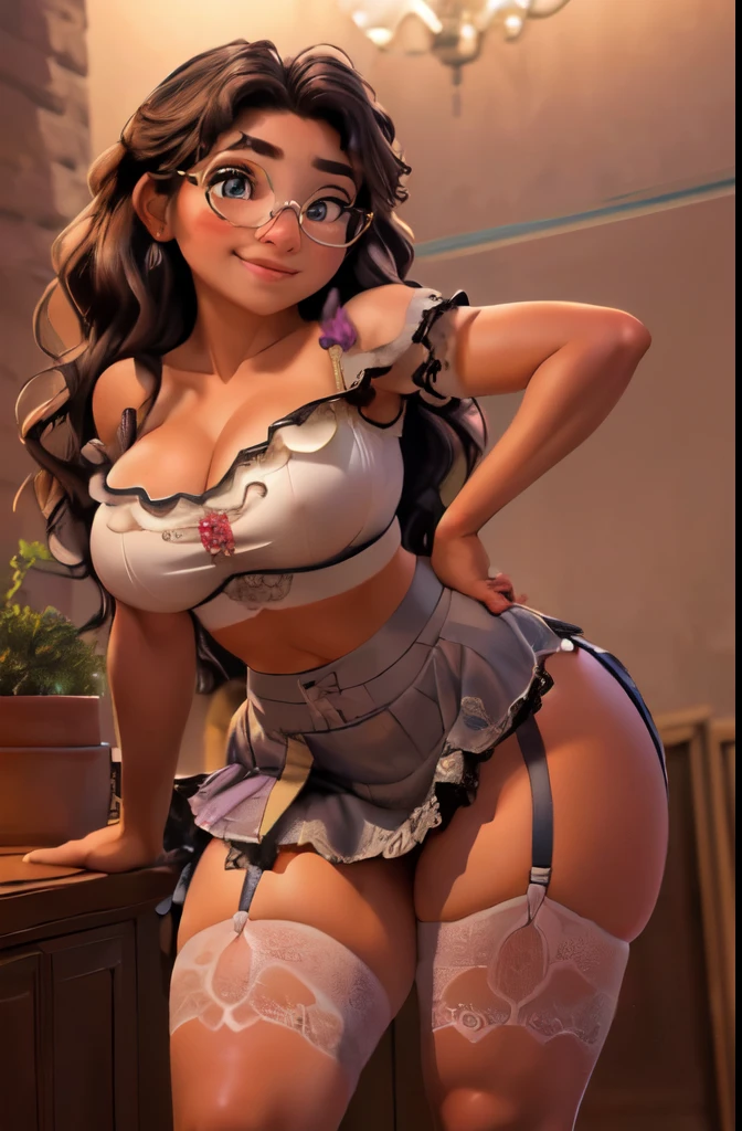 (La mejor calidad,4k,8k,Altas Resoluciones,Obra maestra:1.2),Ultra detallado,(realista,fotorrealista,fotorrealista:1.3), (((mirabel madrigal with longer hair))), glasses+, seductive smile++, ((sexy crop top showing cleavage)), hot sweaty night club background, (((sexy sheer micro skirt, garter belt))), (((brown skin))), detailed skin, voluptuous++, ((curvy body+)), (big tits), (cute young girl twerking), (round ass, wide hips), (vibrant colors2.2), (tiny waist++), Seductive dancing+, (quad muscles1.5)