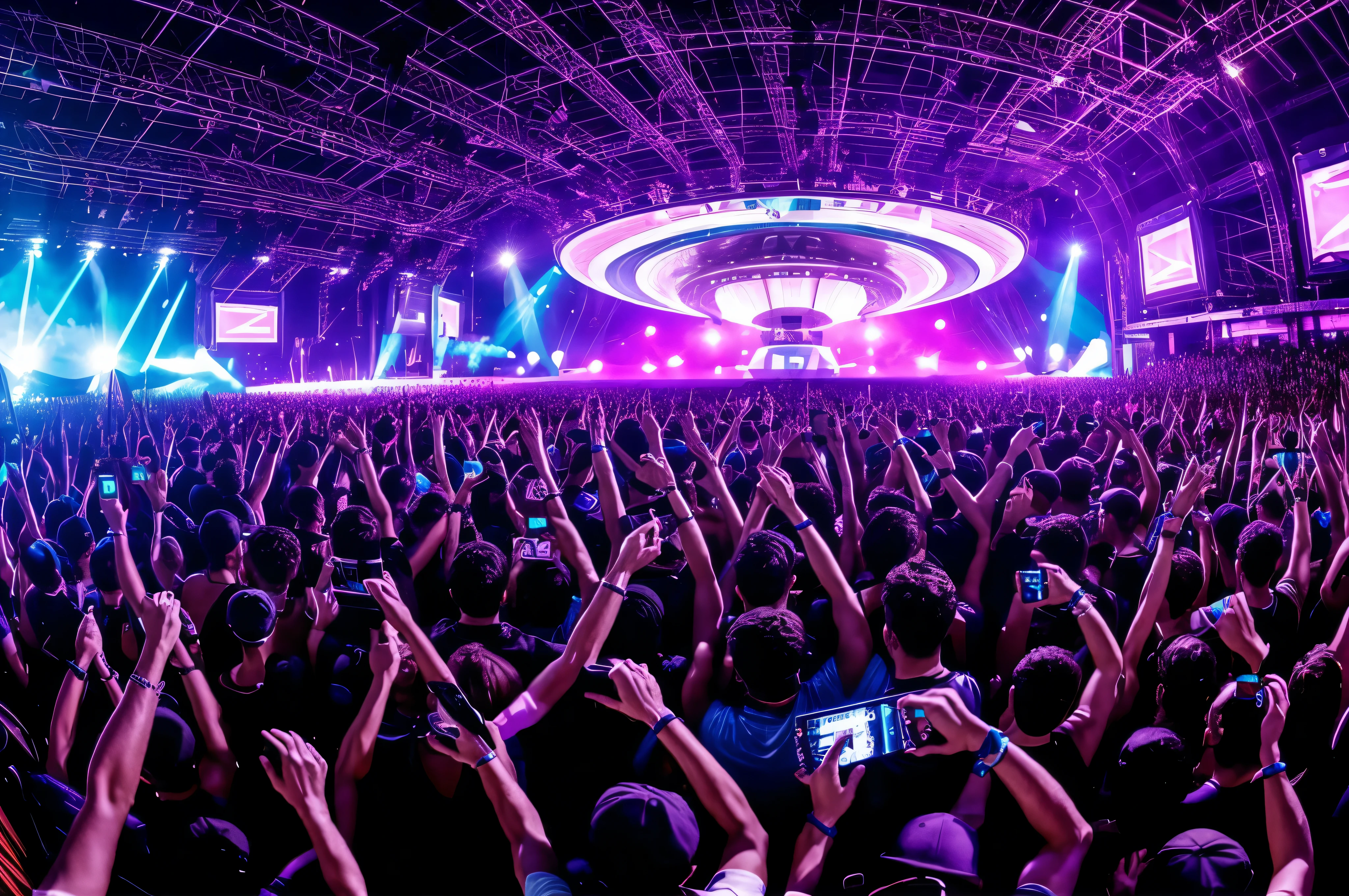 Giant screen displaying a flying saucer, festival stage setup