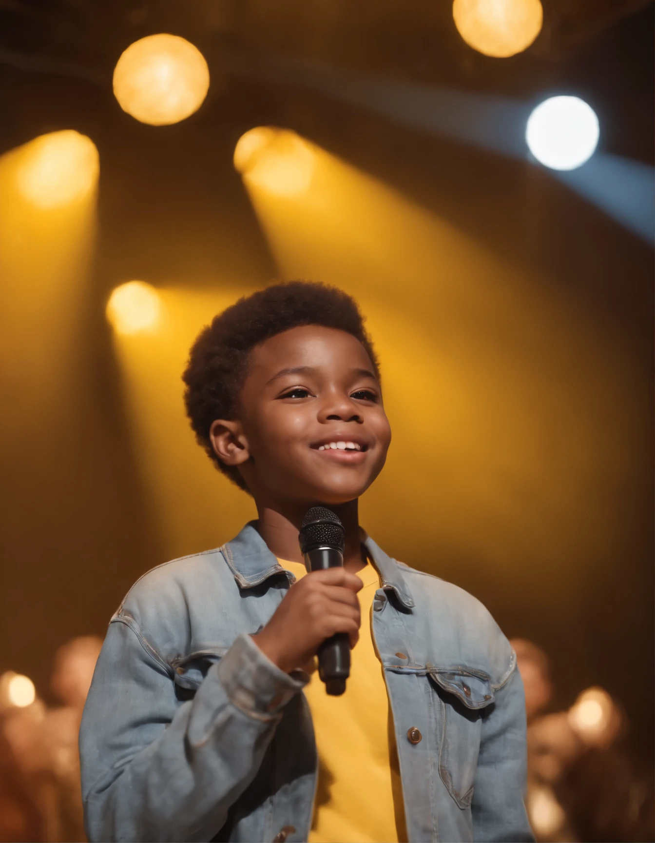 Perfect composition, 8K, Close up, A small afro-haired Afro American boy, with a yellow shirt and jeans and white sneakers, stands on a stage lit by stage lights, holds a microphone in his hand, and sings. An excited expression. Ambient smoke in the background. Behind, boys in white shirts and jeans, singing. depth of field.