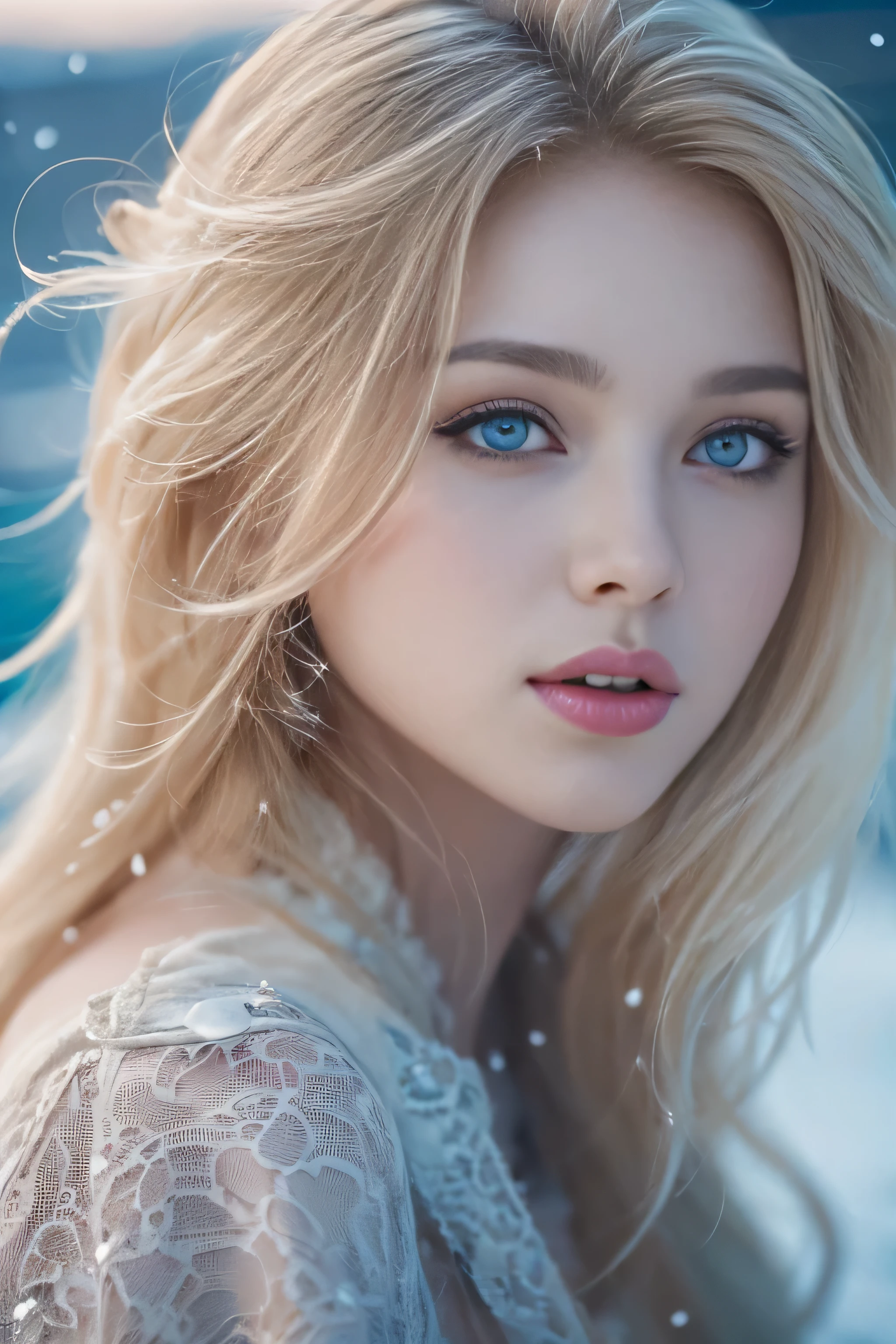 1 female、(european:1.5)、(late 20s)、(super beautiful)、(beautiful face:1.5)、(detailed face:1.5)、(blue eyes)、blonde、shallow depth of field、It had been snowing since I got off the night train..、I can only hear the sound of the sea、I also took the ferry alone..、Staring at the frozen seagulls